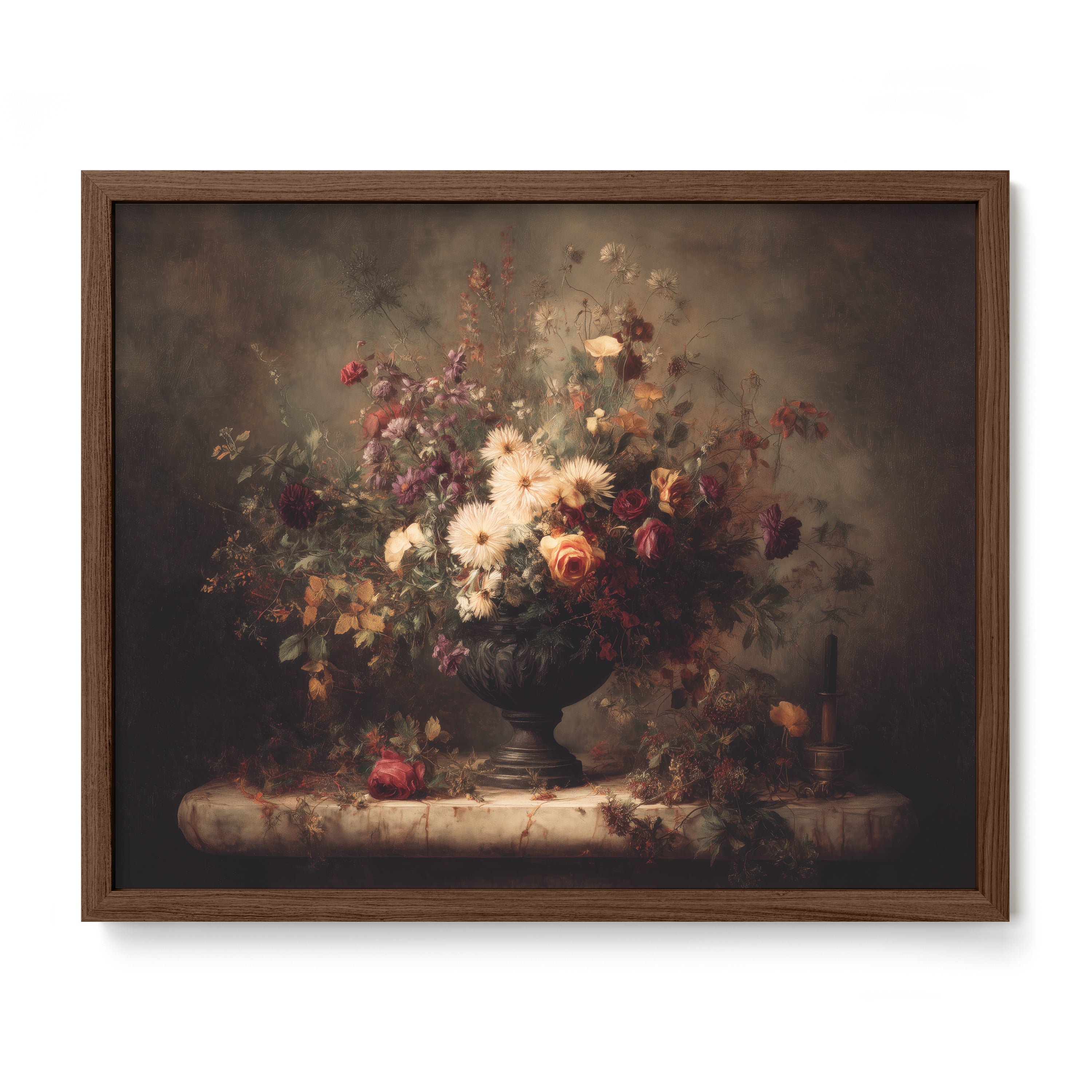 walnut framed moody botanical wall art print