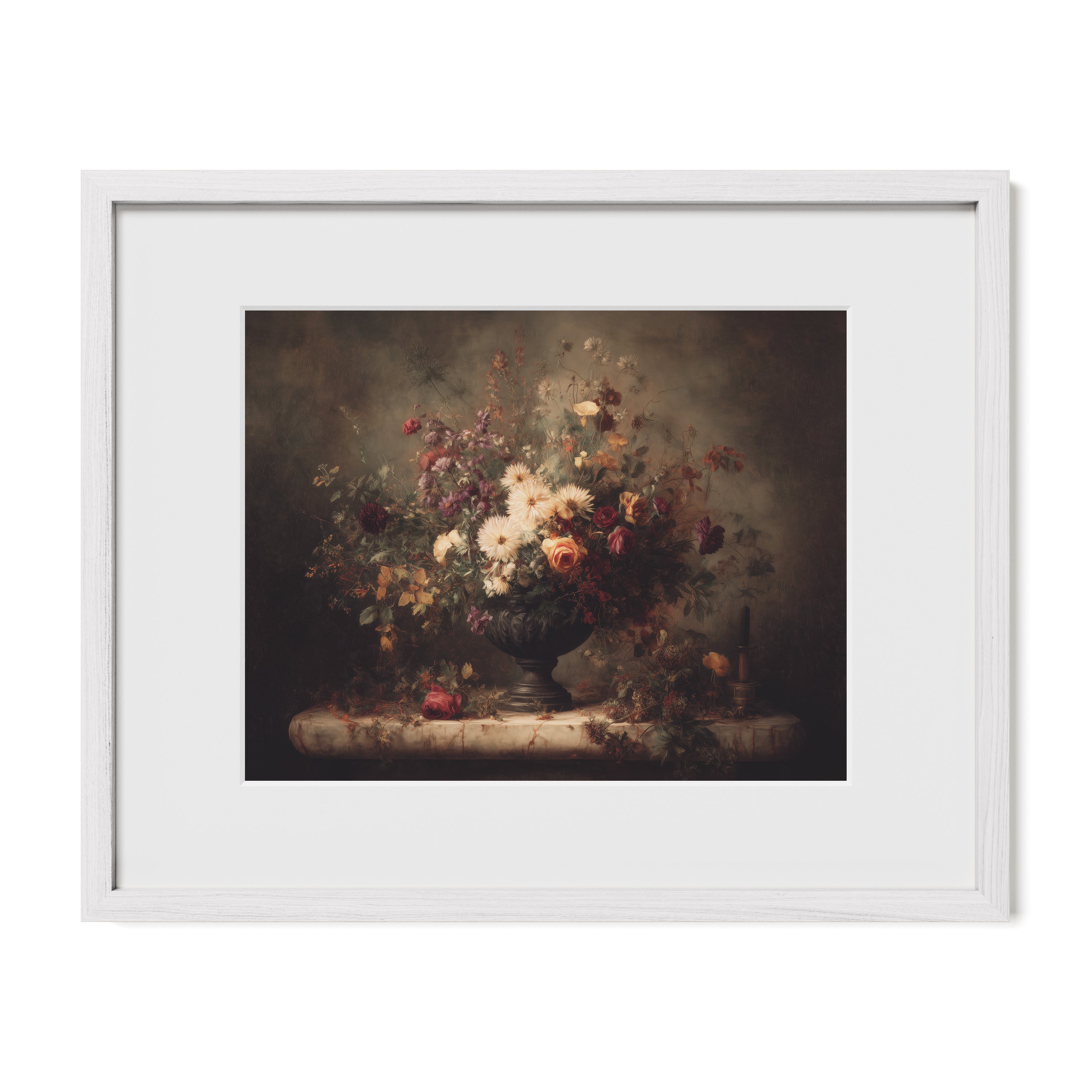 white framed botanical still life wall art print with mat