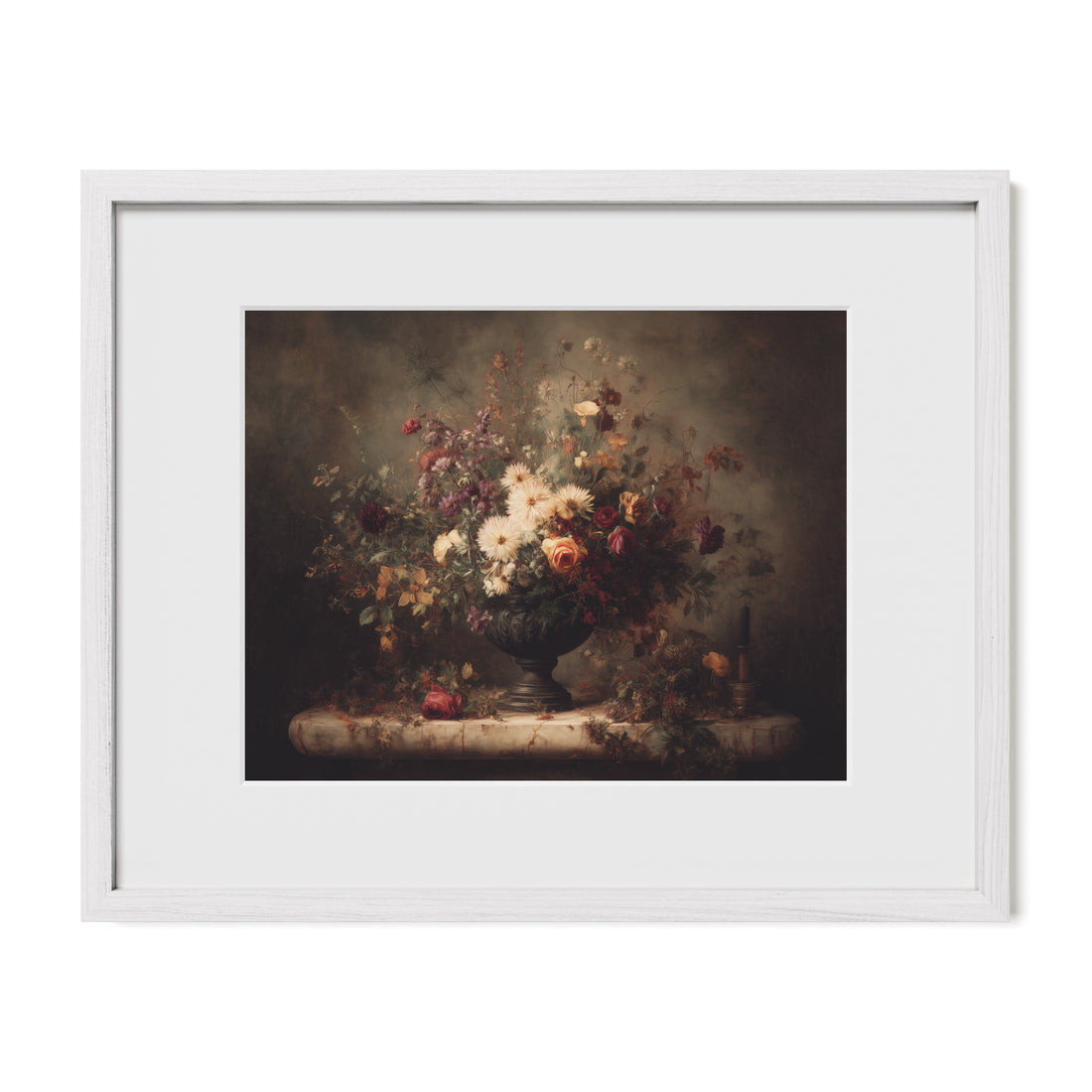 white framed botanical still life wall art print with mat