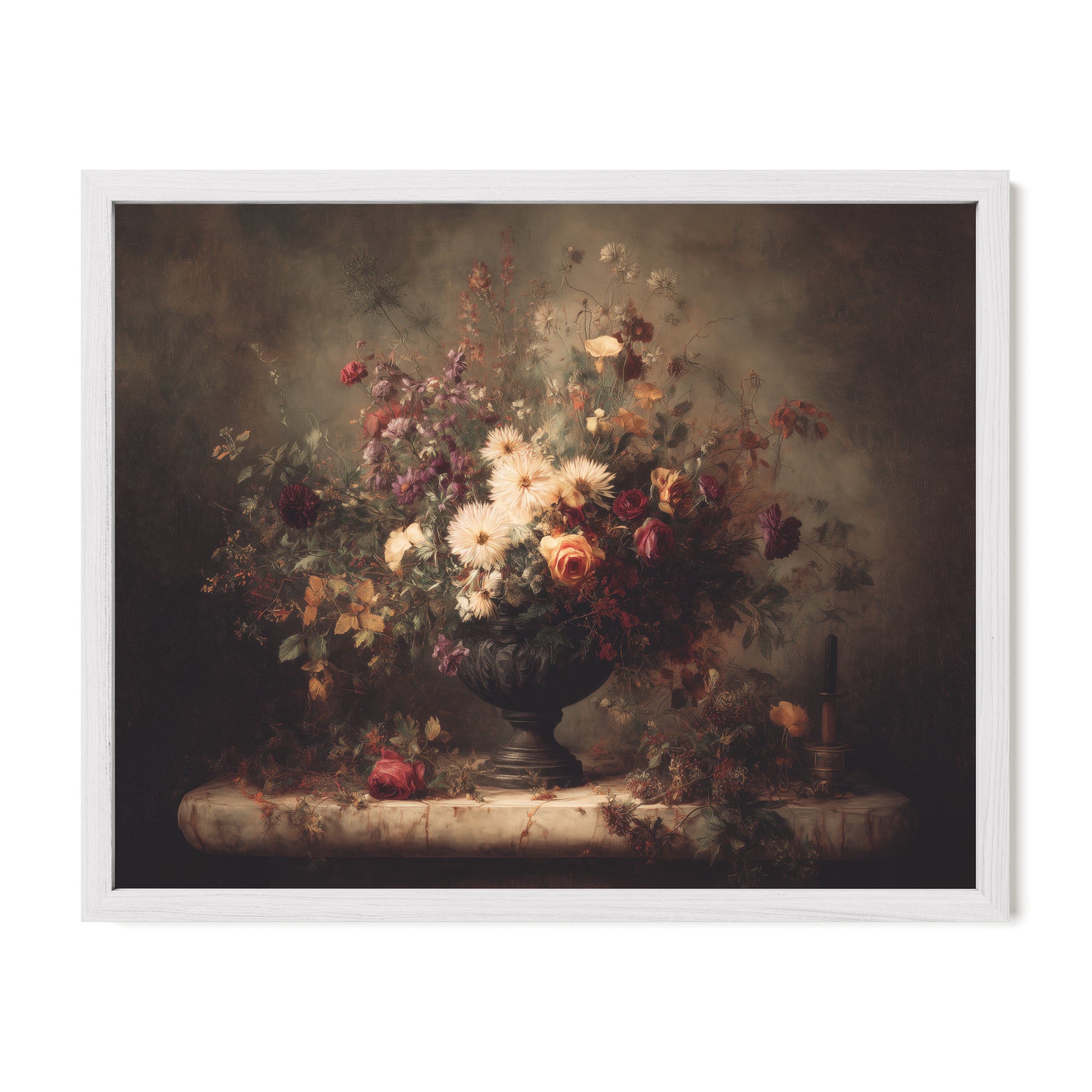 white framed moody floral wall art print