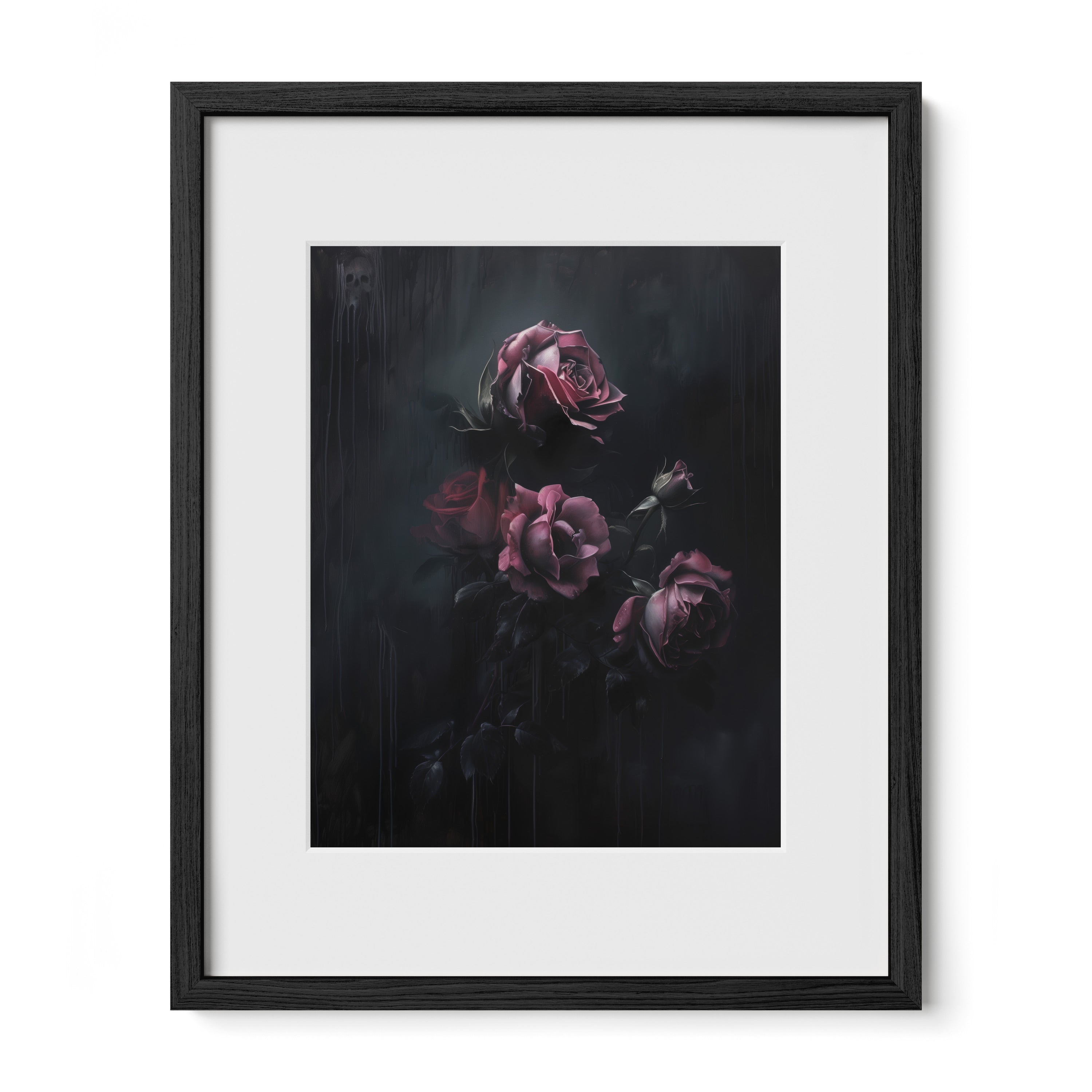 black framed gothic rose wall art print with mat