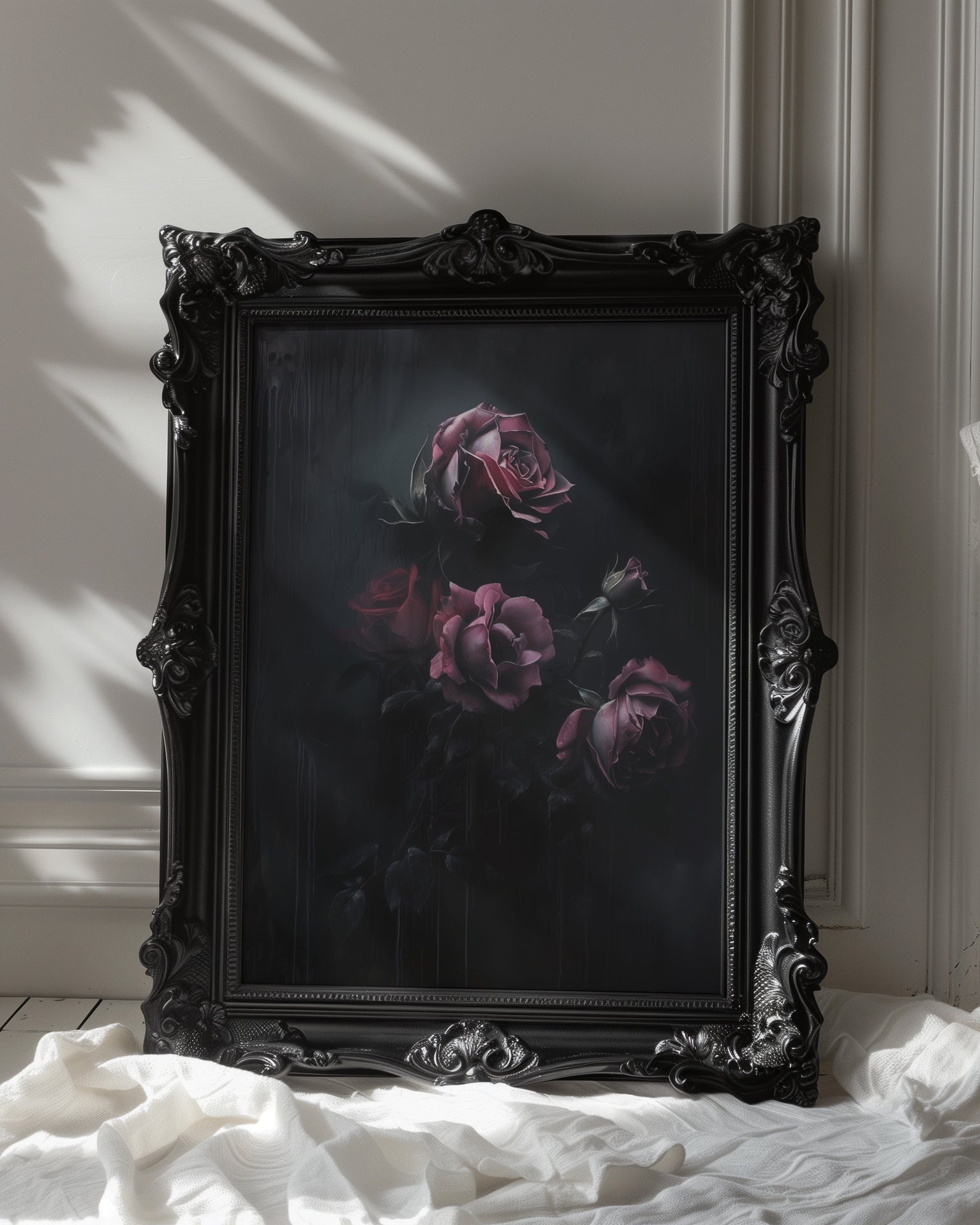 black ornate framed dark romantic floral wall art print