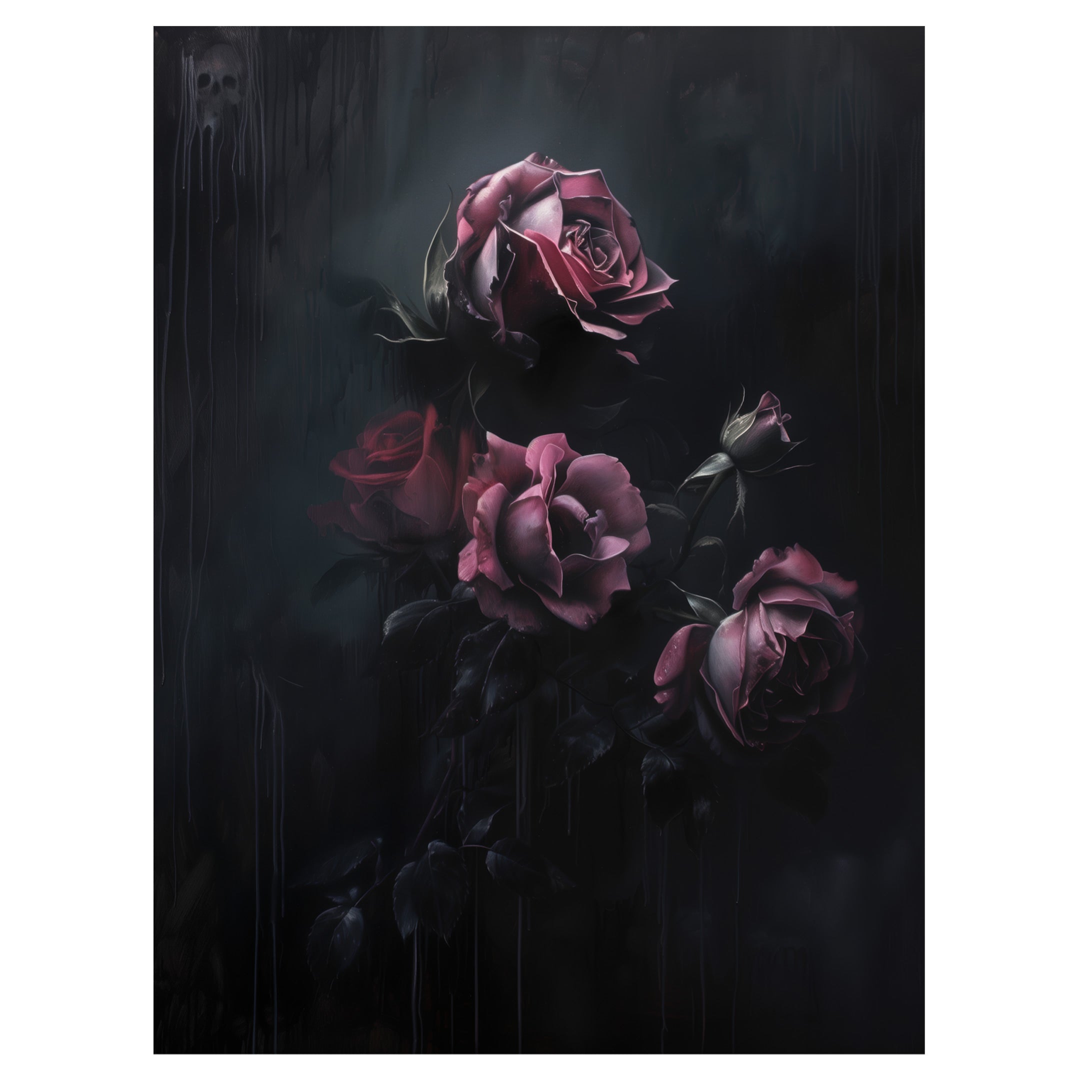dark romantic rose wall art print with moody roses and gothic floral shadows