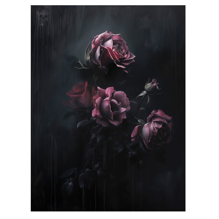 dark romantic rose wall art print with moody roses and gothic floral shadows