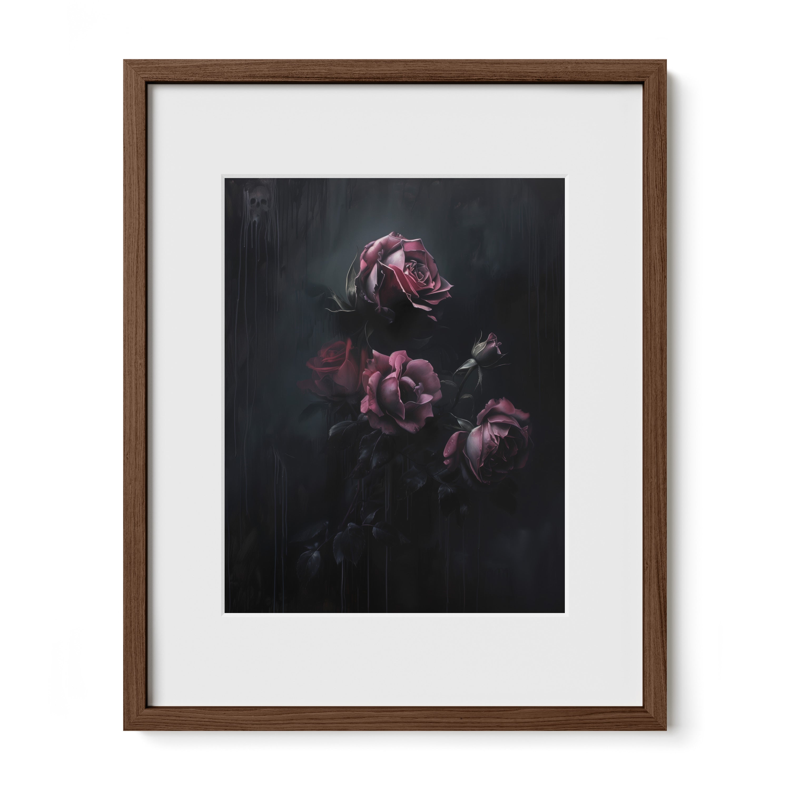 walnut framed romantic rose fine art print with mat