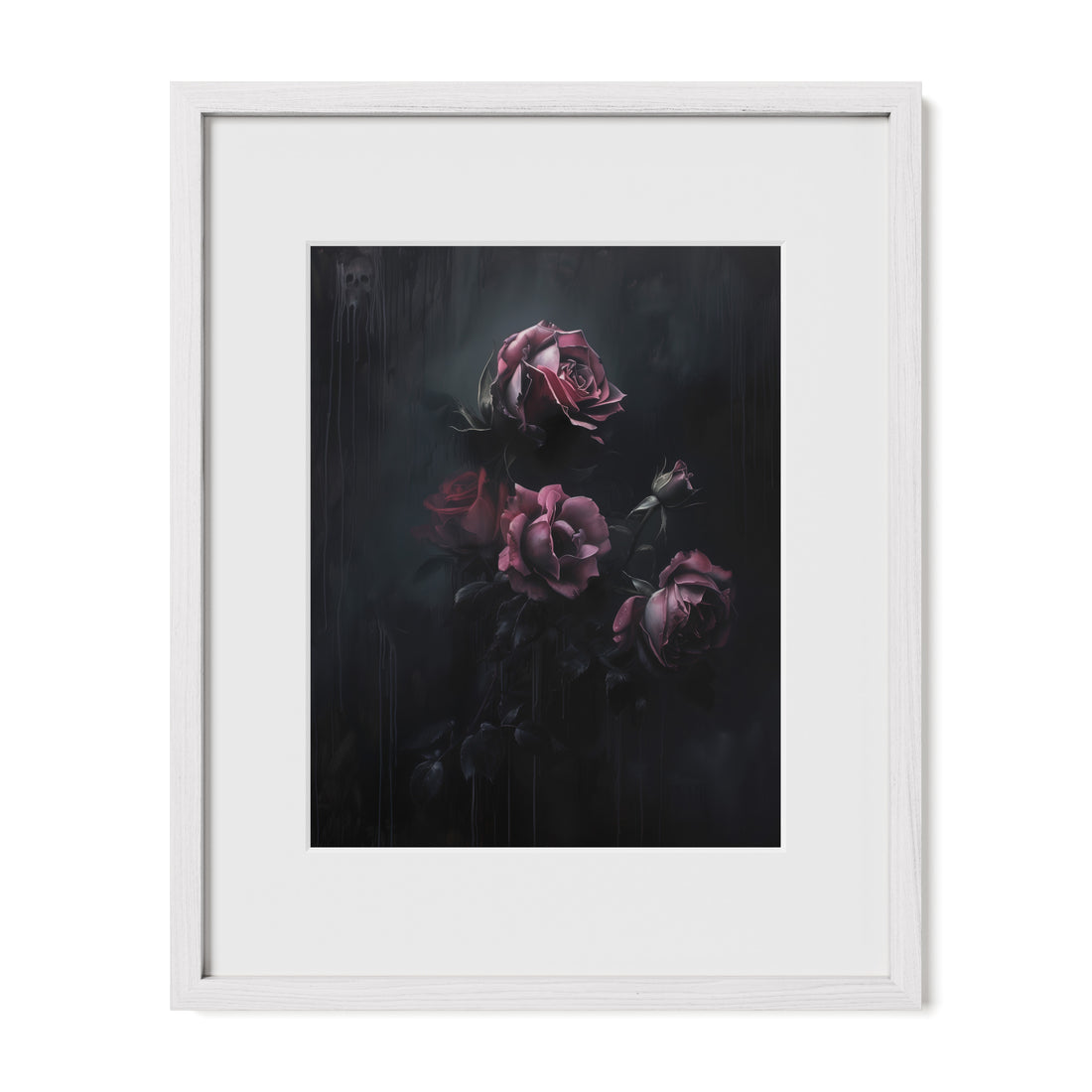 white framed gothic floral still life wall art print with mat