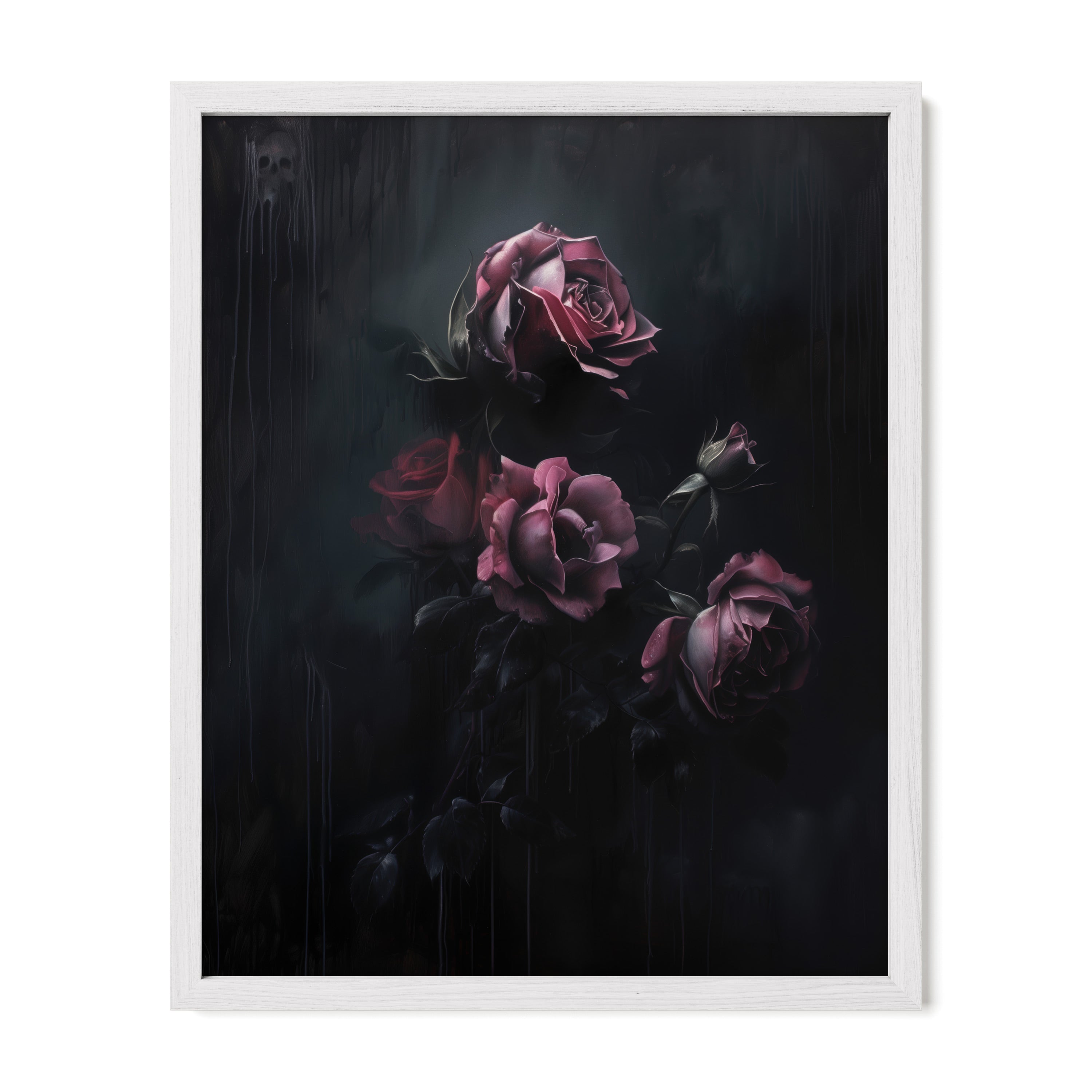 white framed dark botanical rose wall art print