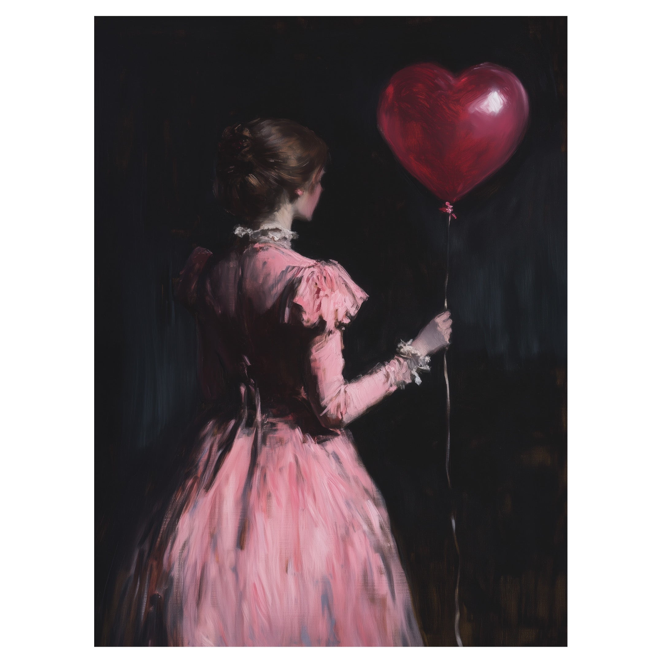 dark romantic wall art print, gothic woman portrait, pink dress painting, red heart balloon, moody vintage wall decor, dark academia art