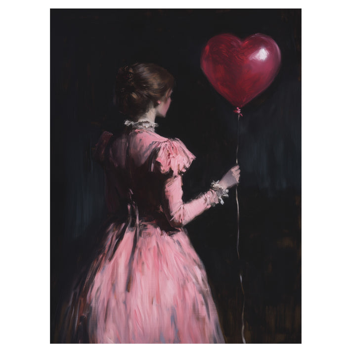 dark romantic wall art print, gothic woman portrait, pink dress painting, red heart balloon, moody vintage wall decor, dark academia art