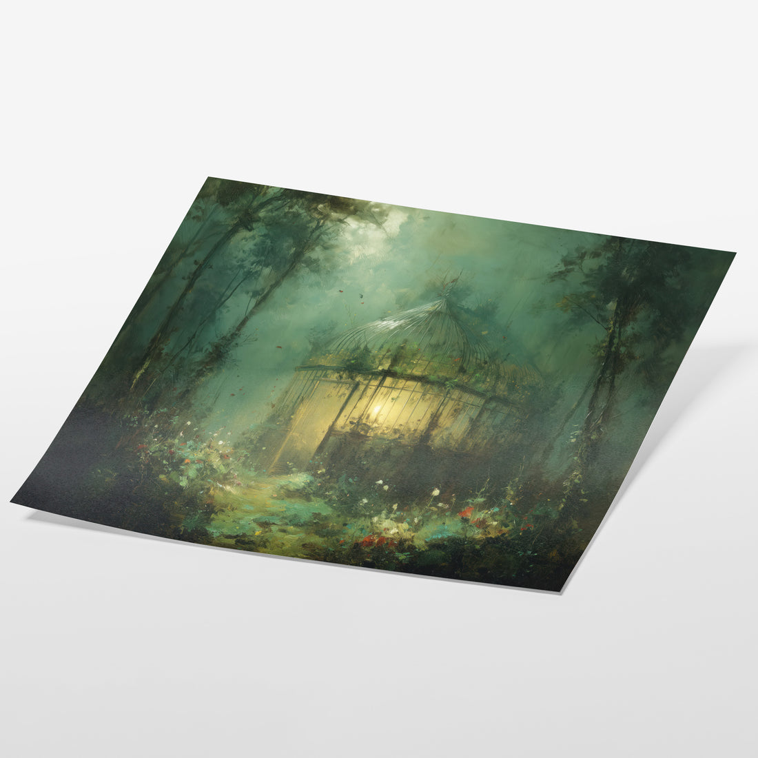 angled view of secret garden greenhouse fine art print