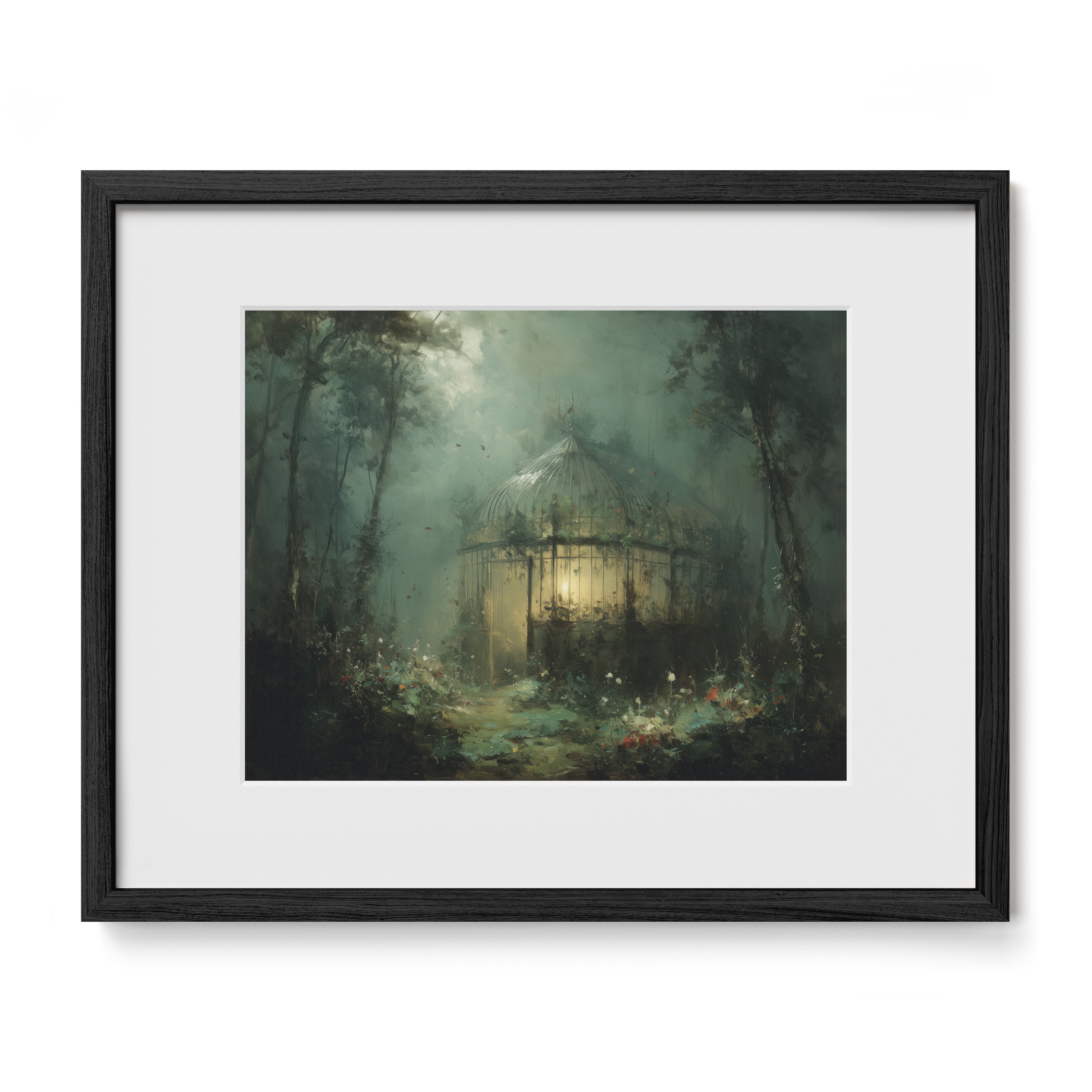 black framed greenhouse wall art print with mat