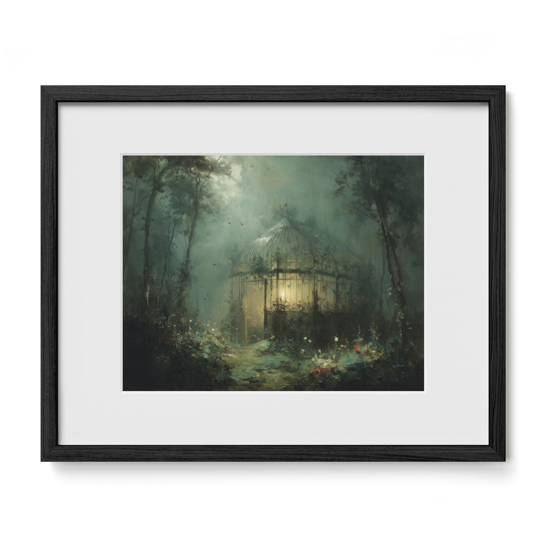 black framed greenhouse wall art print with mat