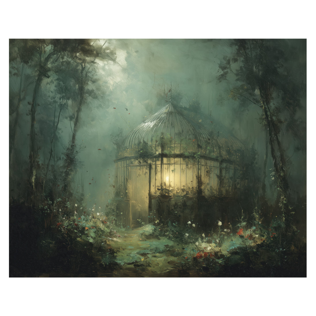 secret garden greenhouse wall art print with glowing greenhouse surrounded by trees