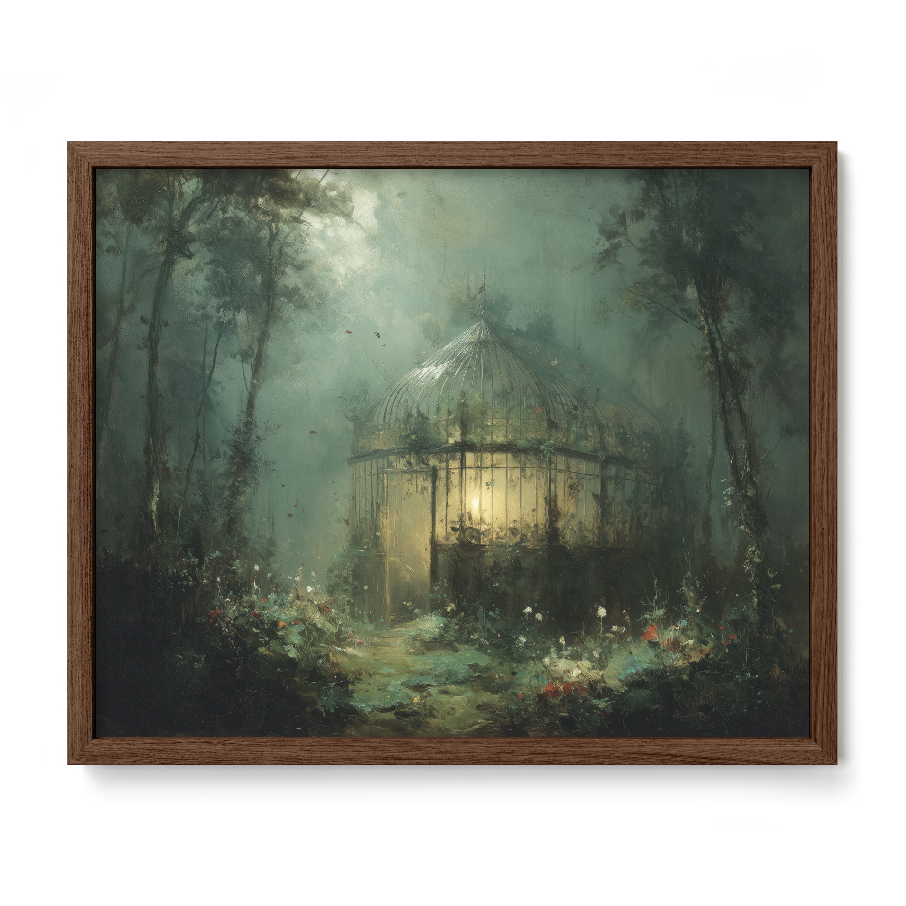 walnut framed cottagecore greenhouse wall art print
