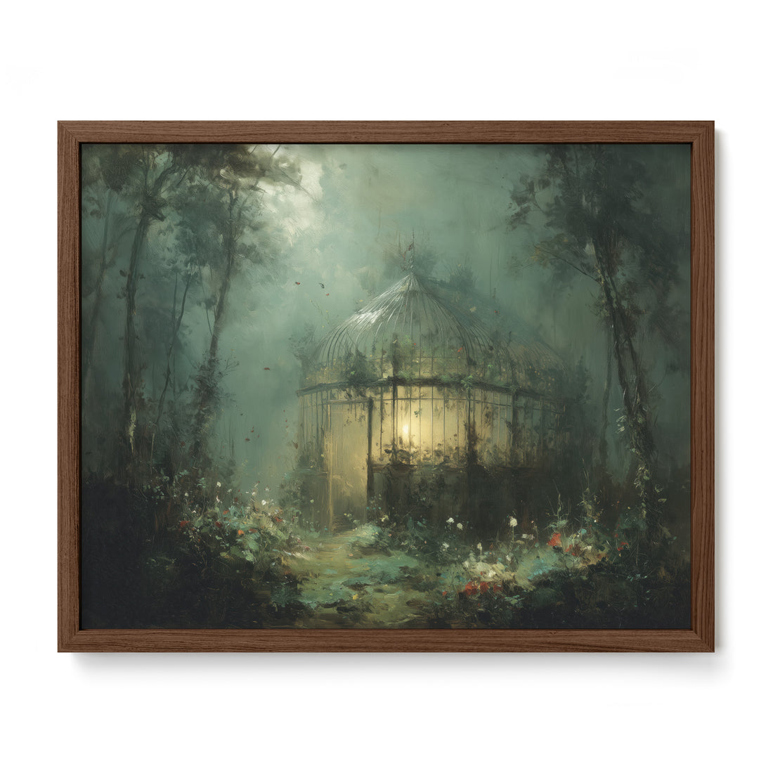walnut framed cottagecore greenhouse wall art print