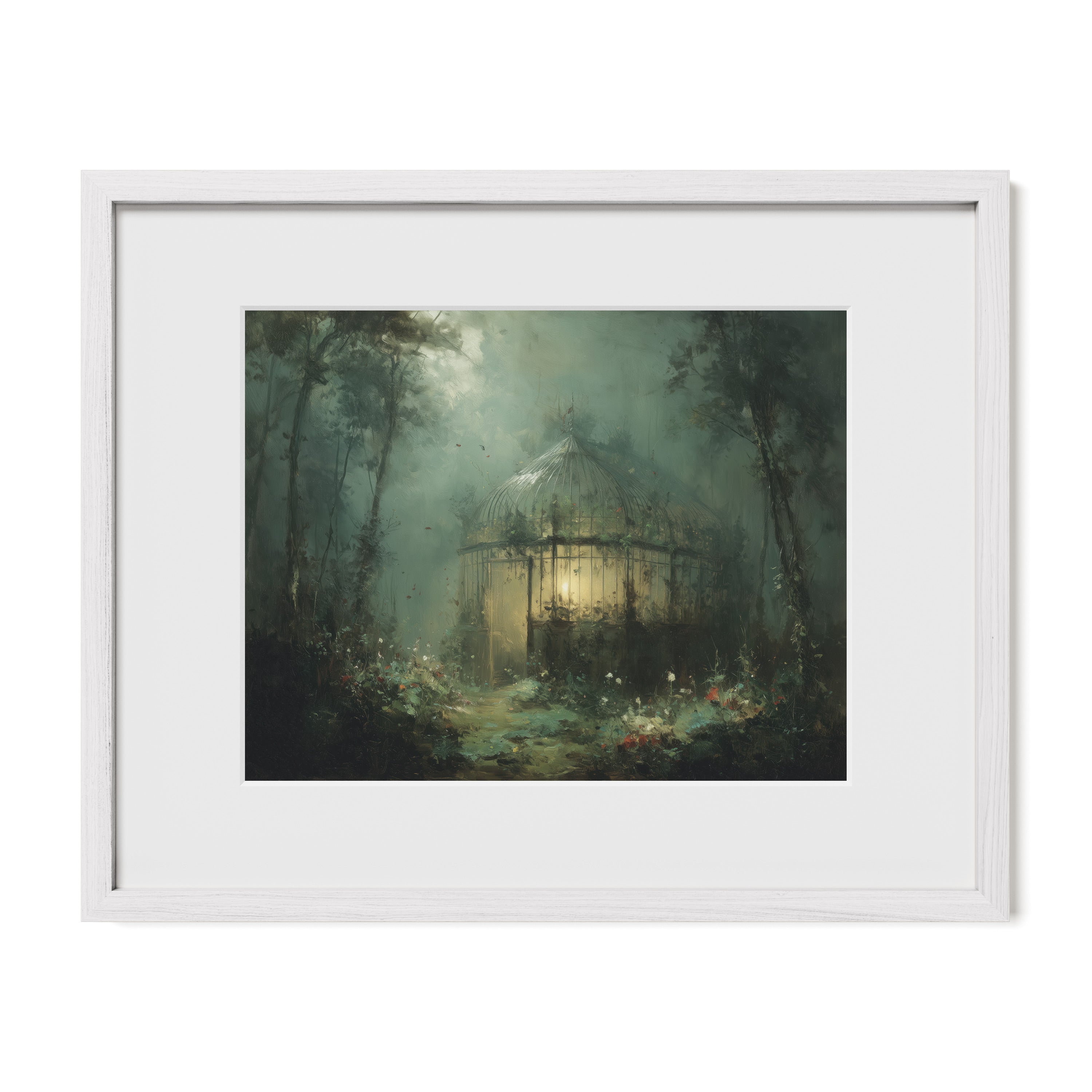 white framed greenhouse garden wall art print with mat