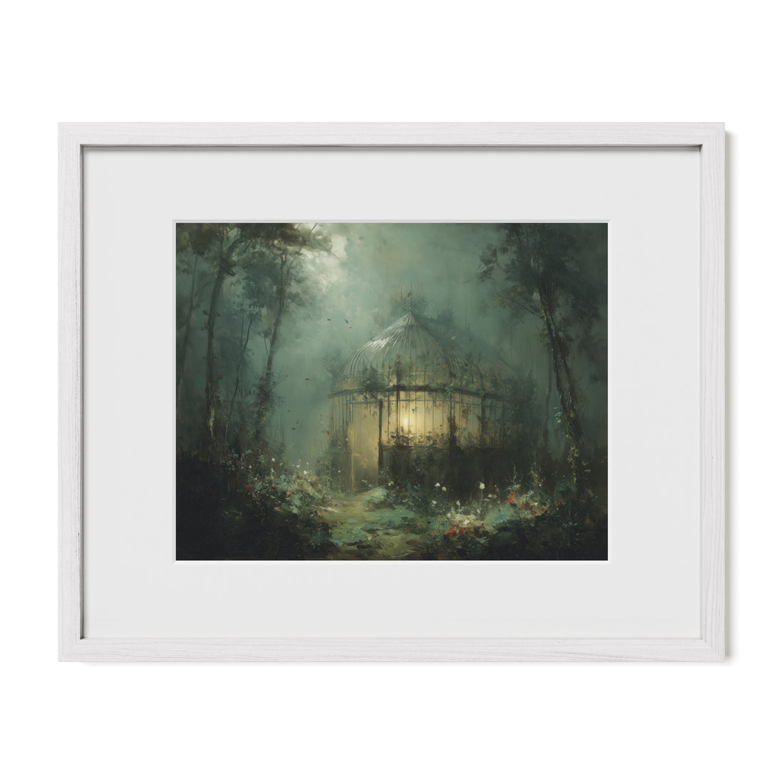 white framed greenhouse garden wall art print with mat
