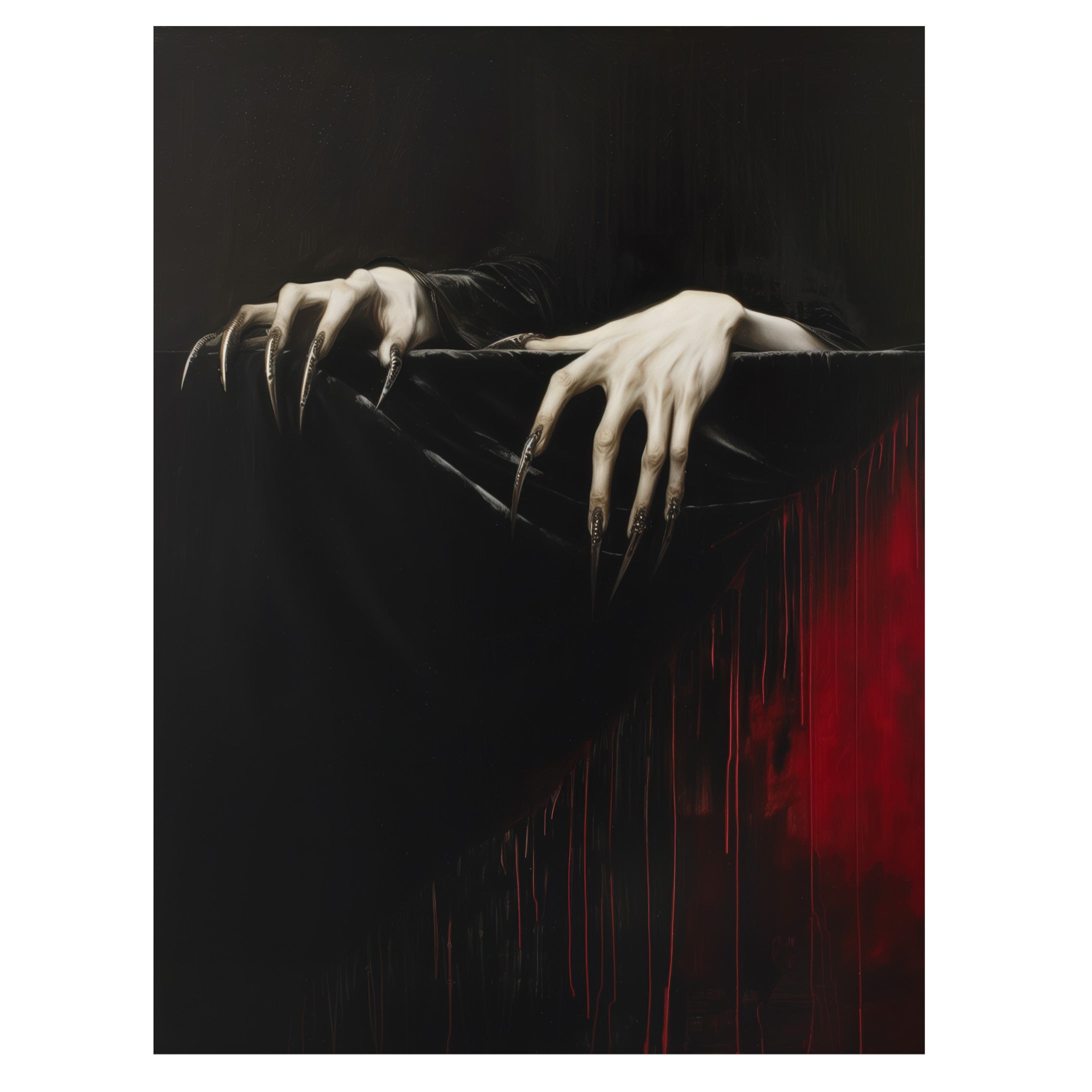 gothic horror wall art print with pale hands emerging from dark shadow