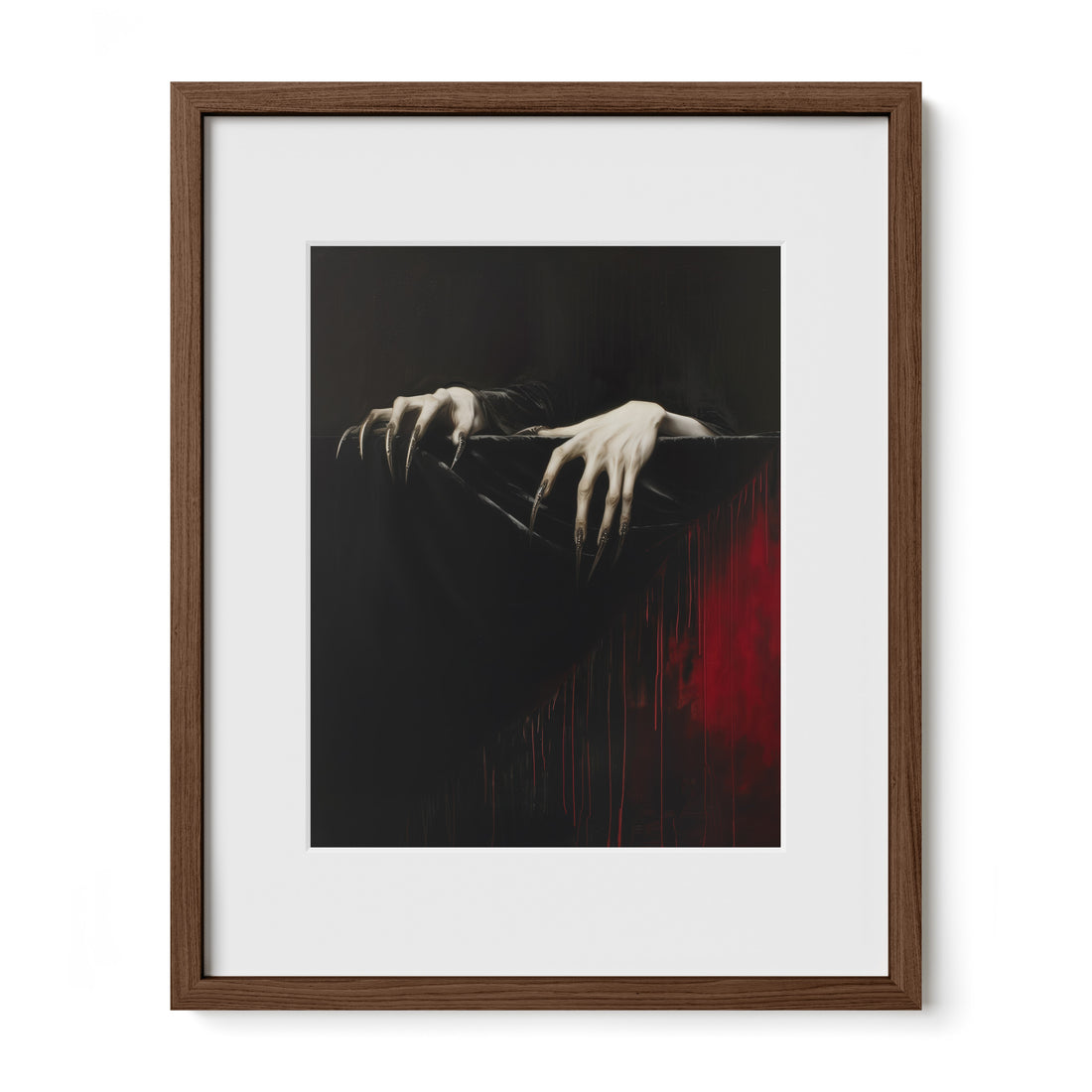 walnut framed macabre wall art print with mat