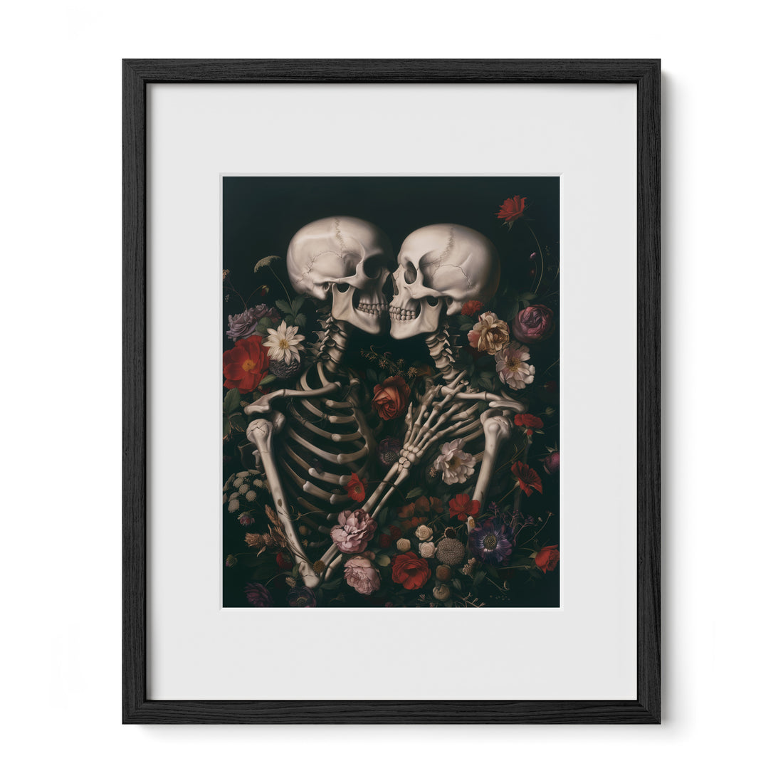 black framed memento mori floral wall art print with mat