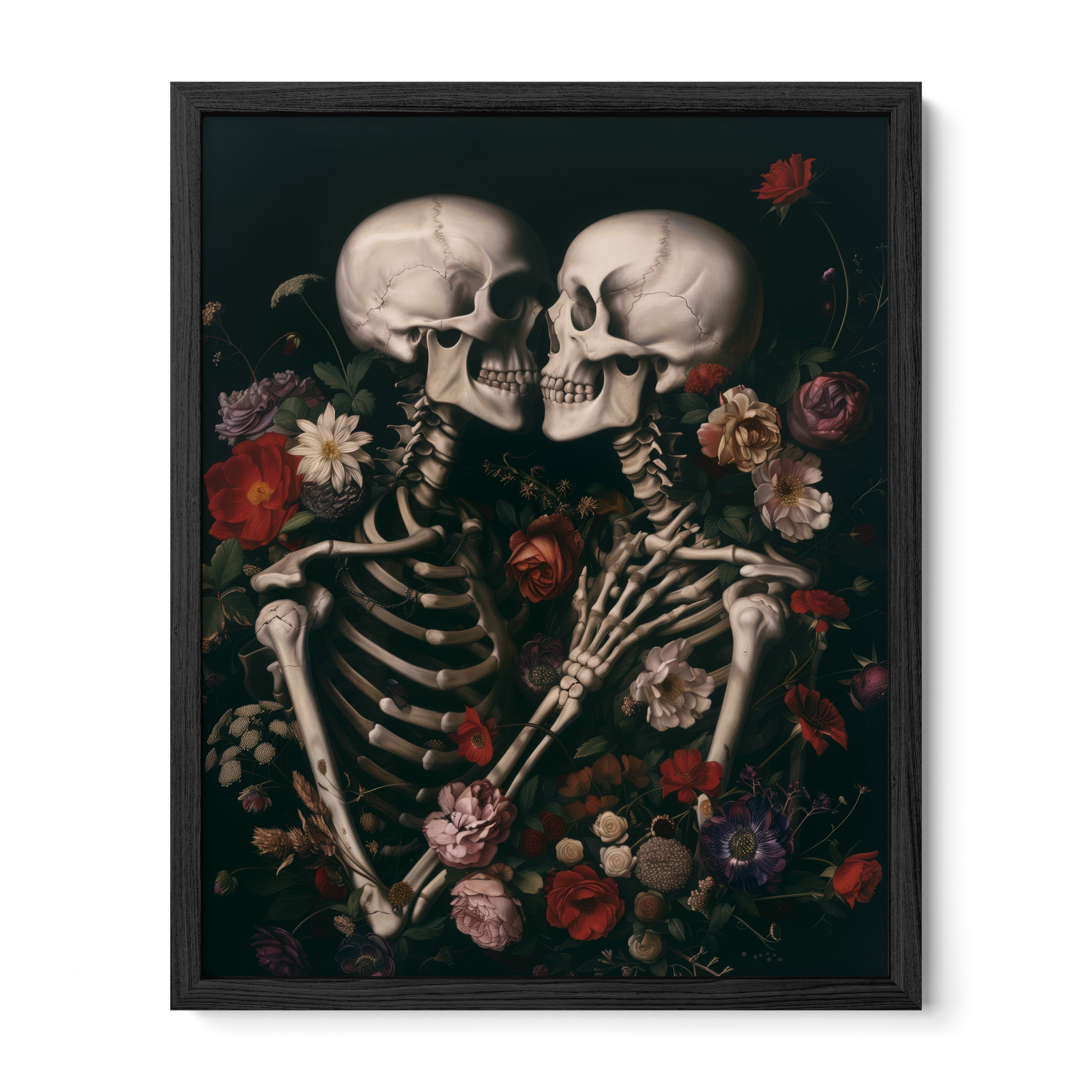 black framed gothic skeleton romance wall art print