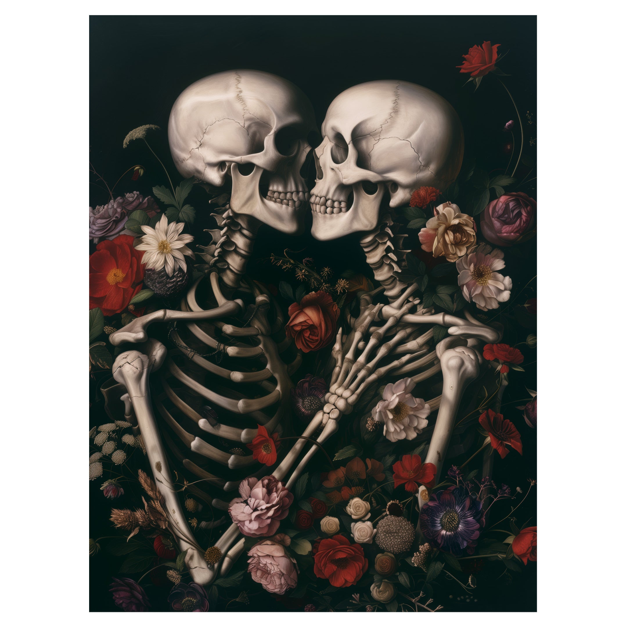 gothic skeleton romance wall art print with skeletal lovers and blooming flowers