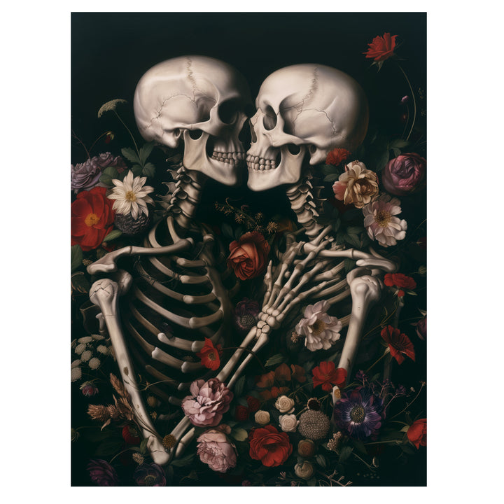gothic skeleton romance wall art print with skeletal lovers and blooming flowers