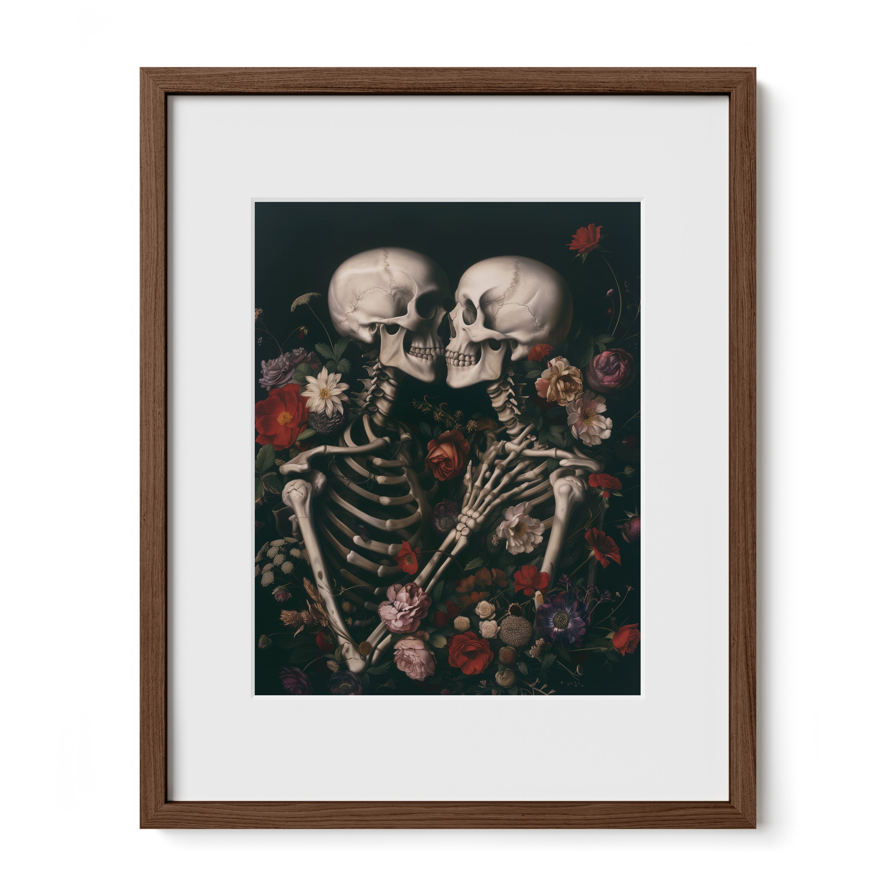 walnut framed dark romantic skeleton art print with mat