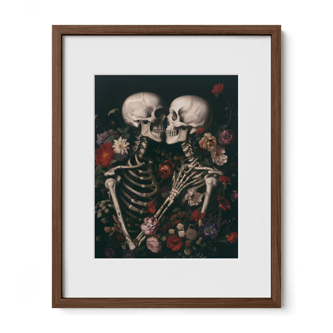 walnut framed dark romantic skeleton art print with mat