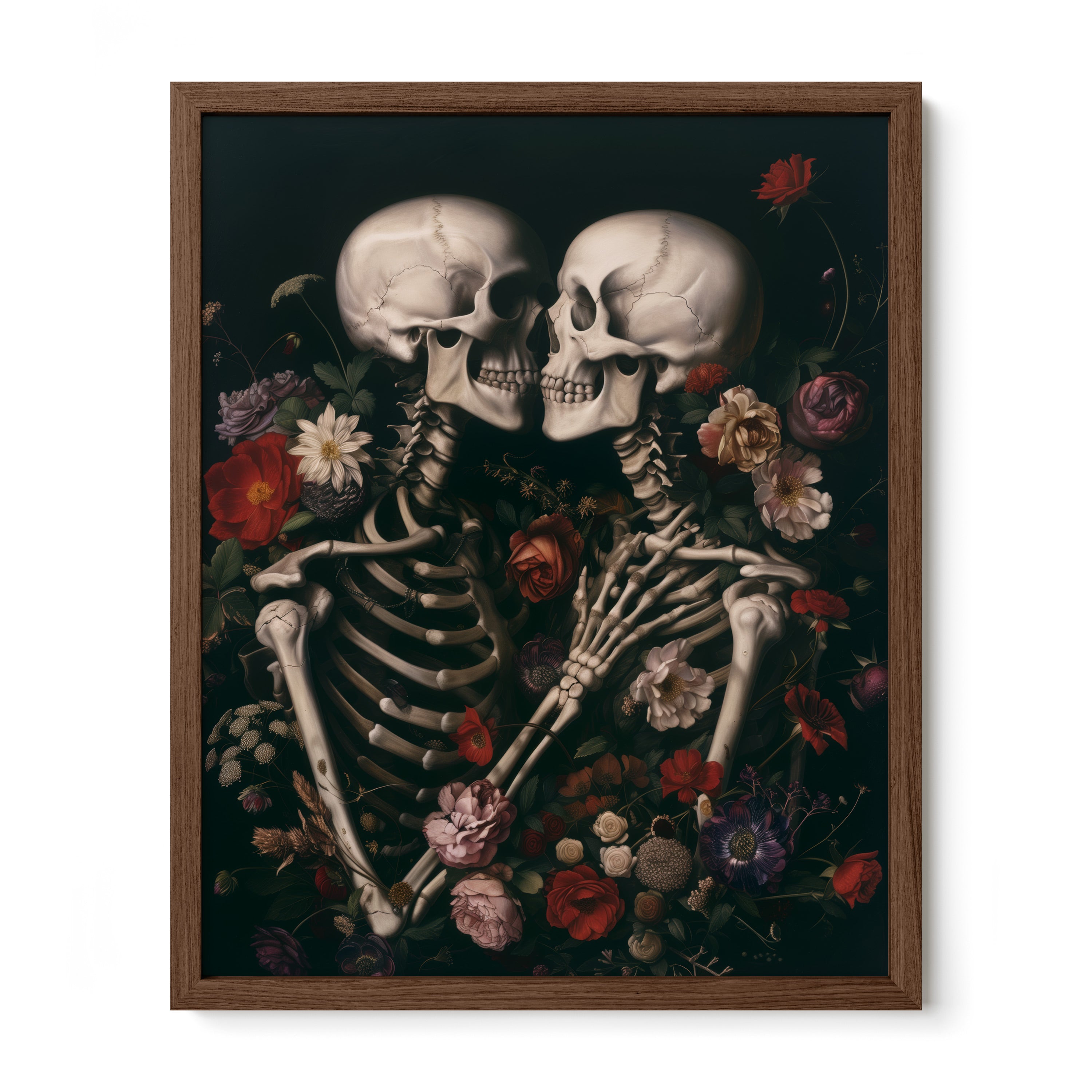 walnut framed gothic skeleton love wall art print