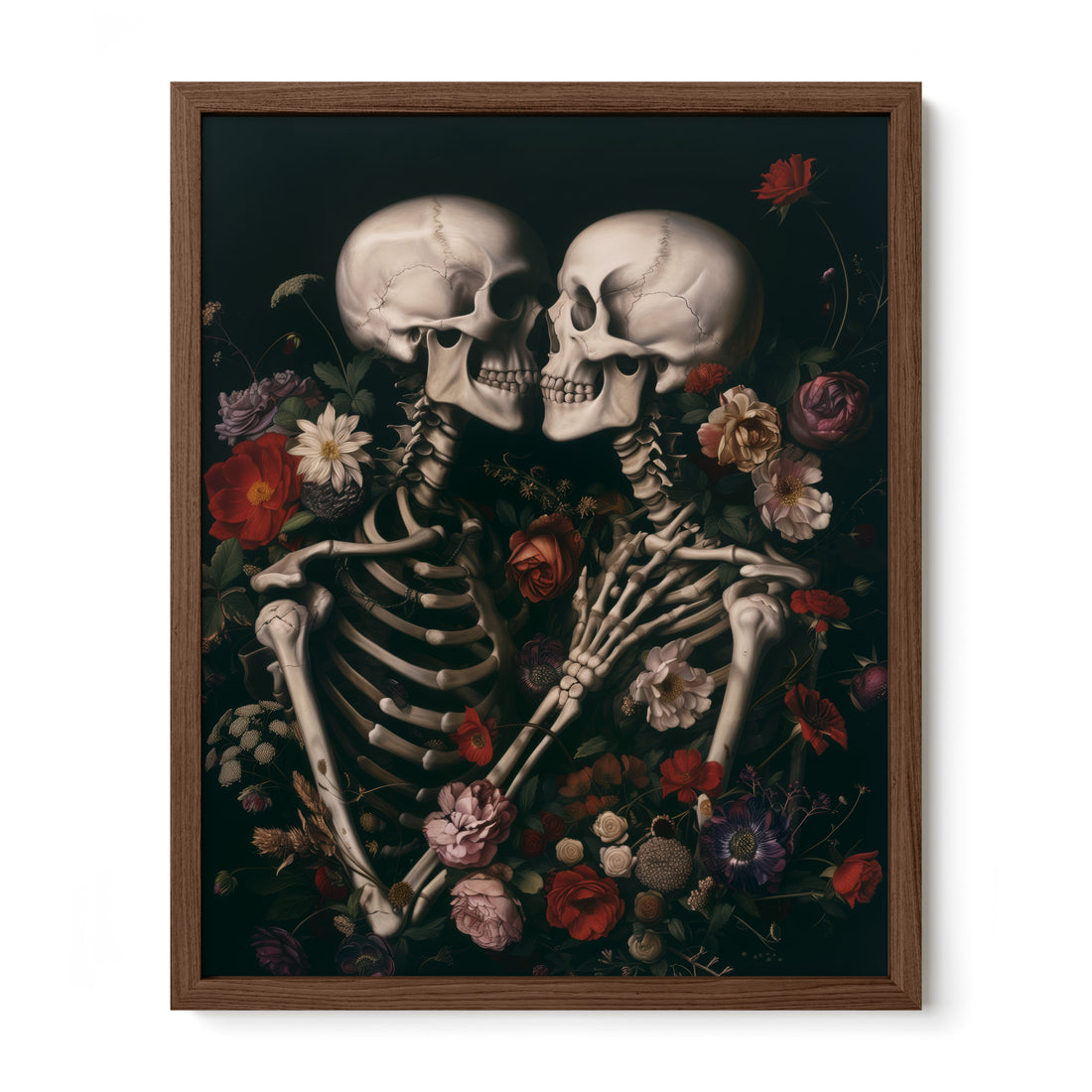 walnut framed gothic skeleton love wall art print