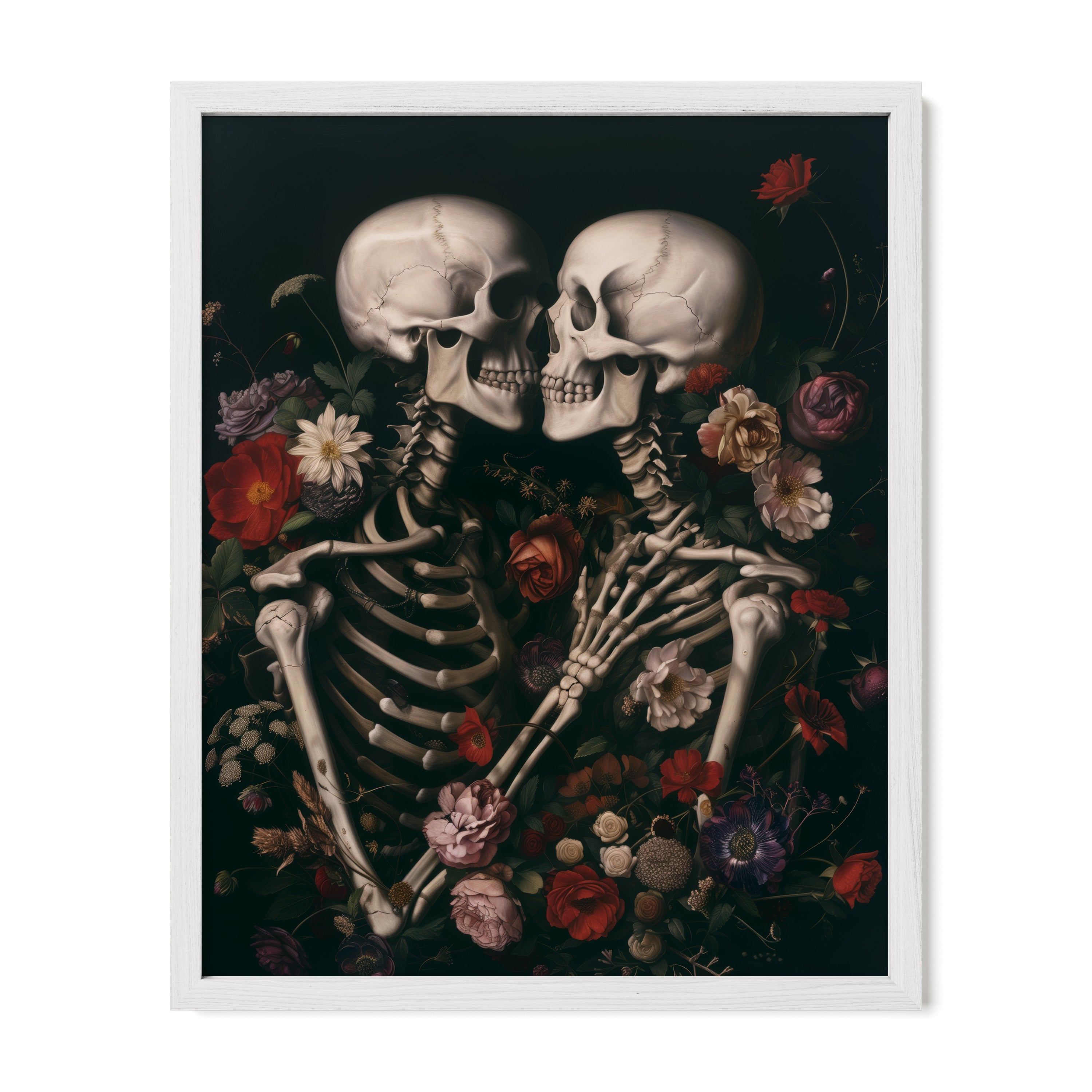 white framed gothic floral skeleton wall art print