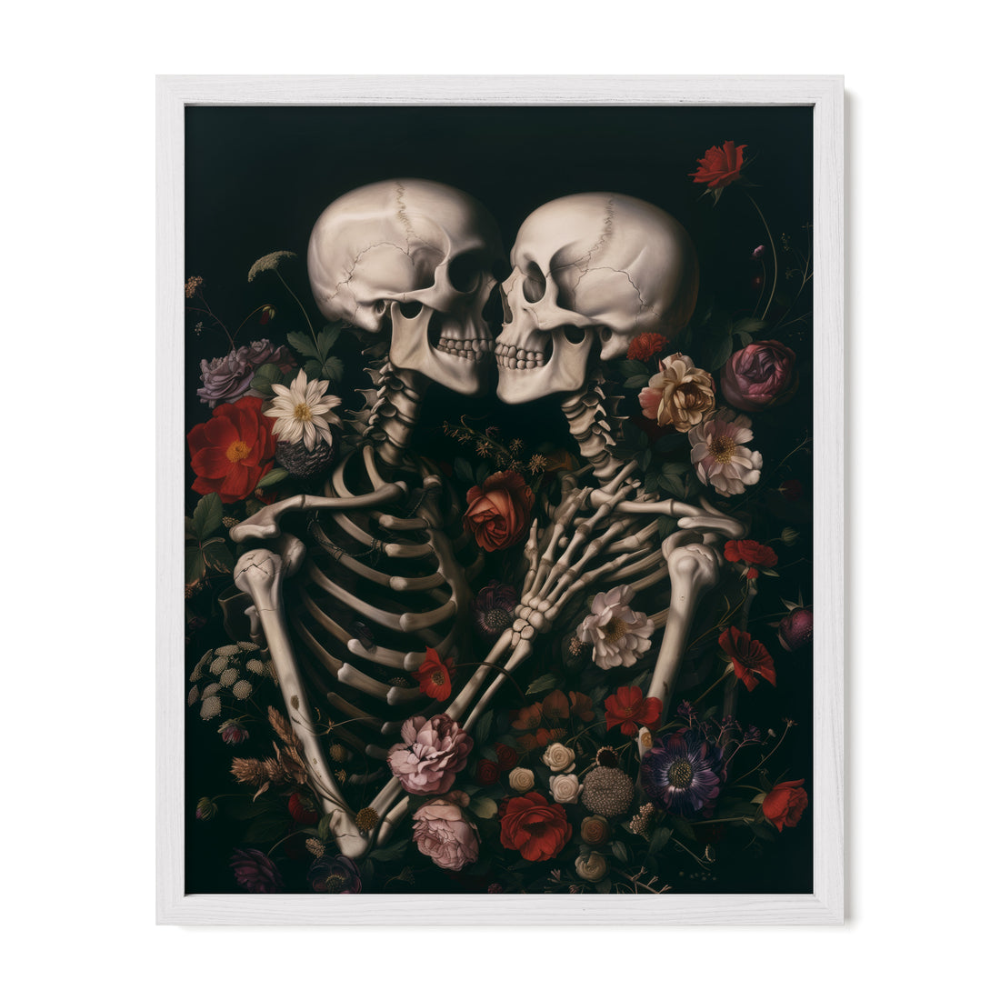 white framed gothic floral skeleton wall art print
