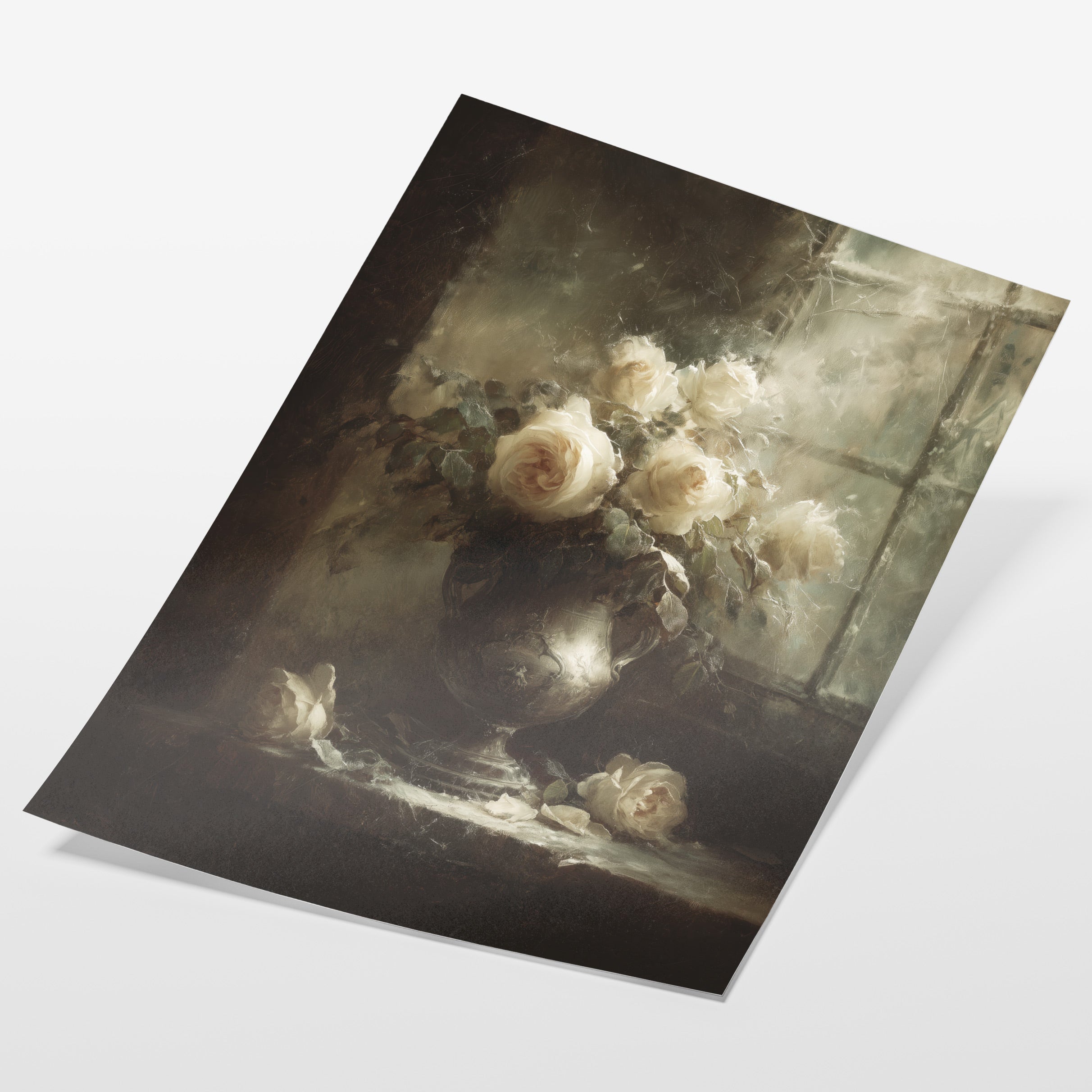 angled view of romantic rose still life fine art print