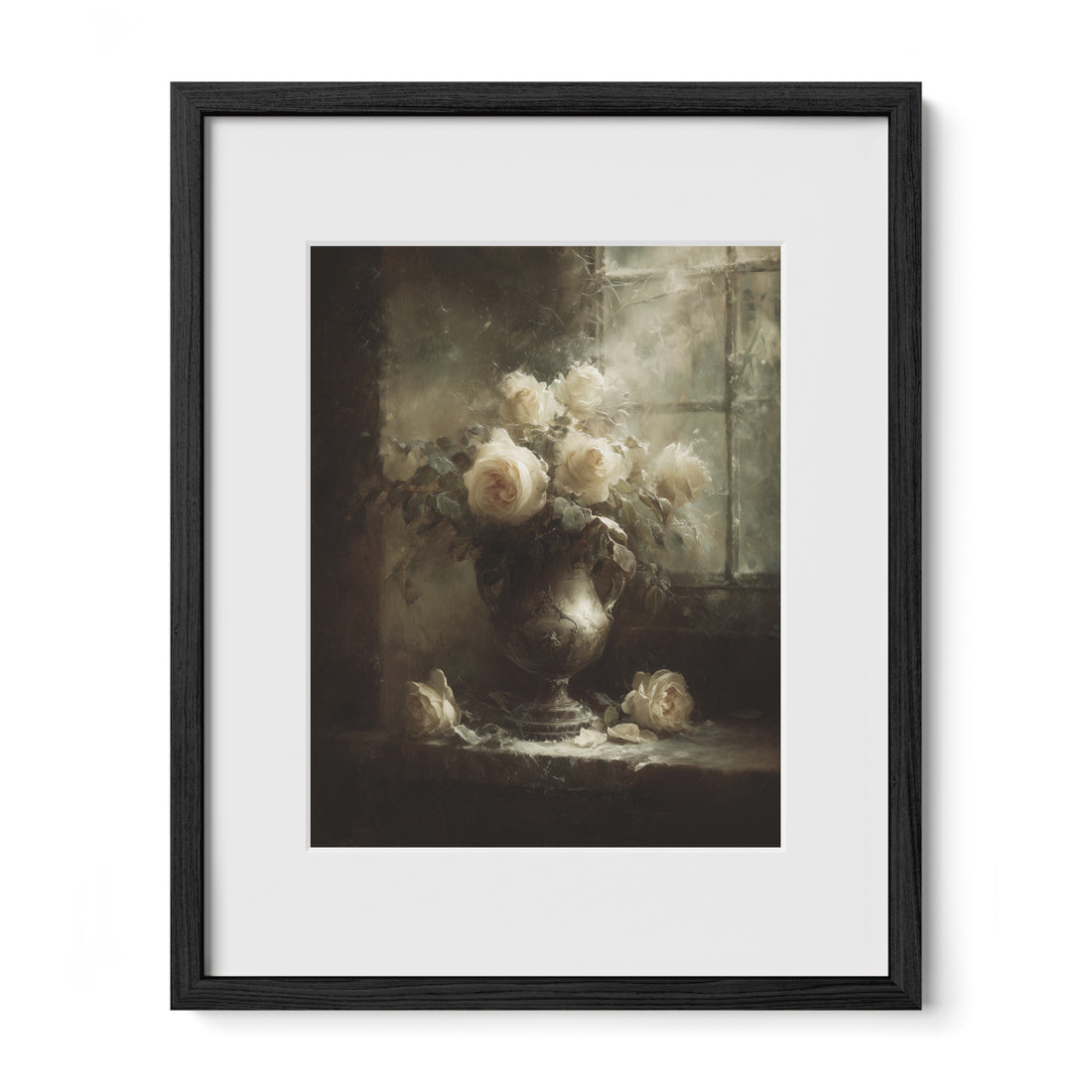 black framed ivory roses wall art print with mat