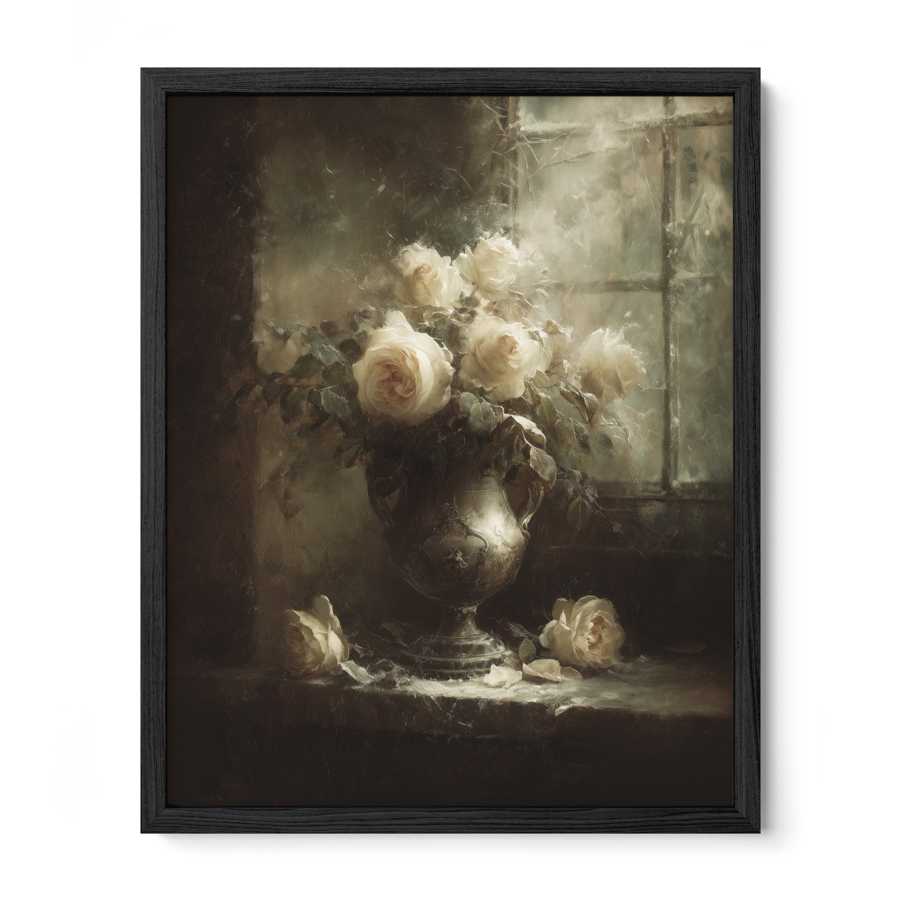 black framed romantic rose still life wall art print