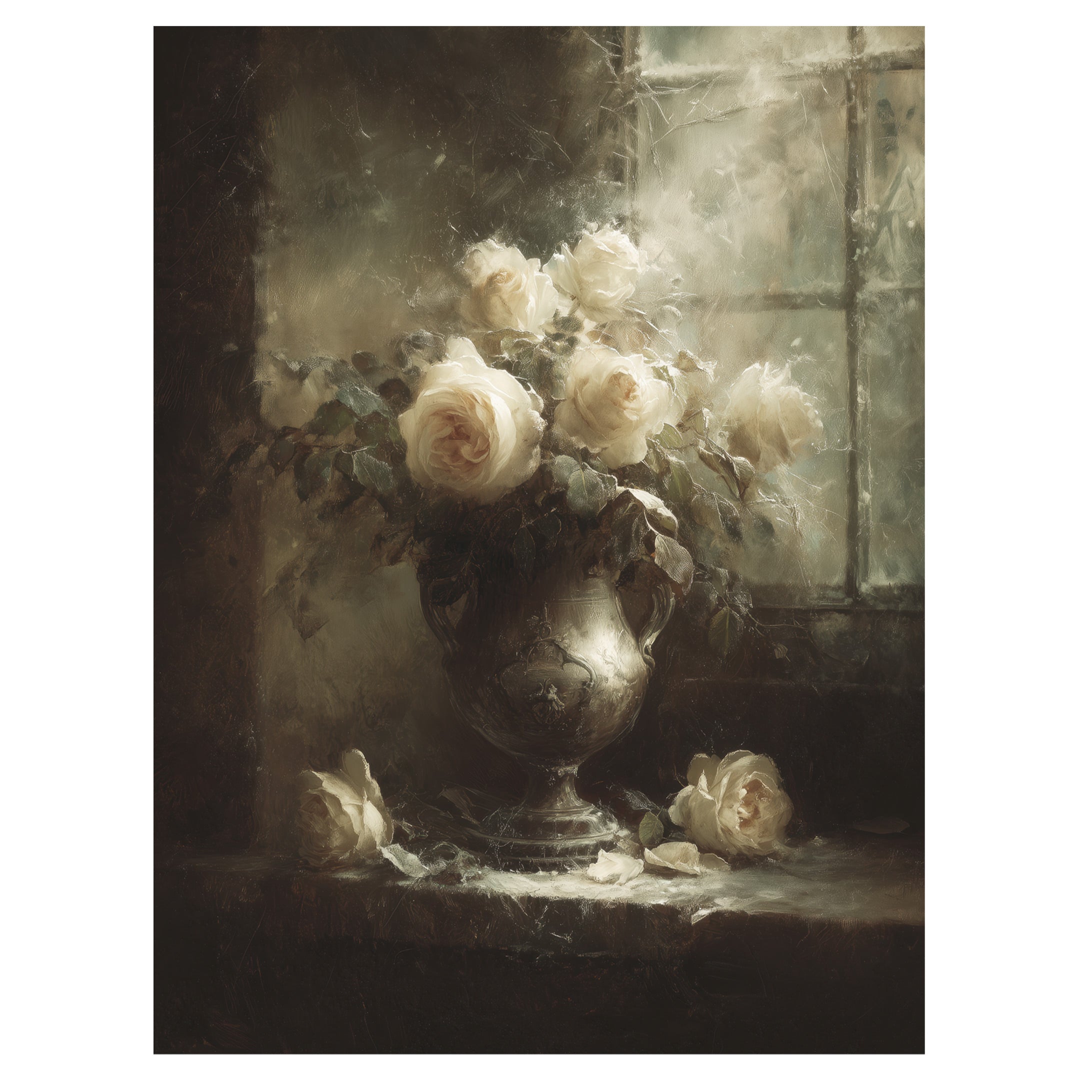romantic rose wall art print with ivory roses in vintage vase beside softly lit window
