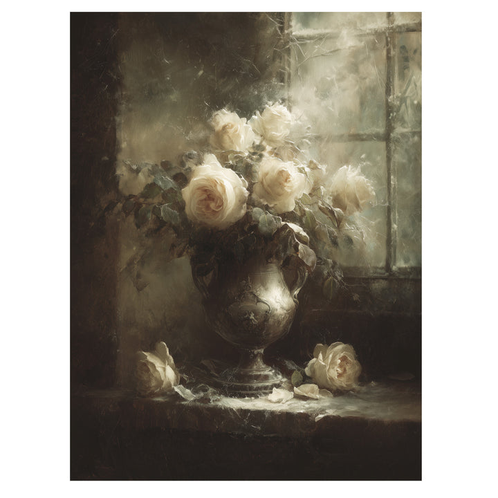 romantic rose wall art print with ivory roses in vintage vase beside softly lit window