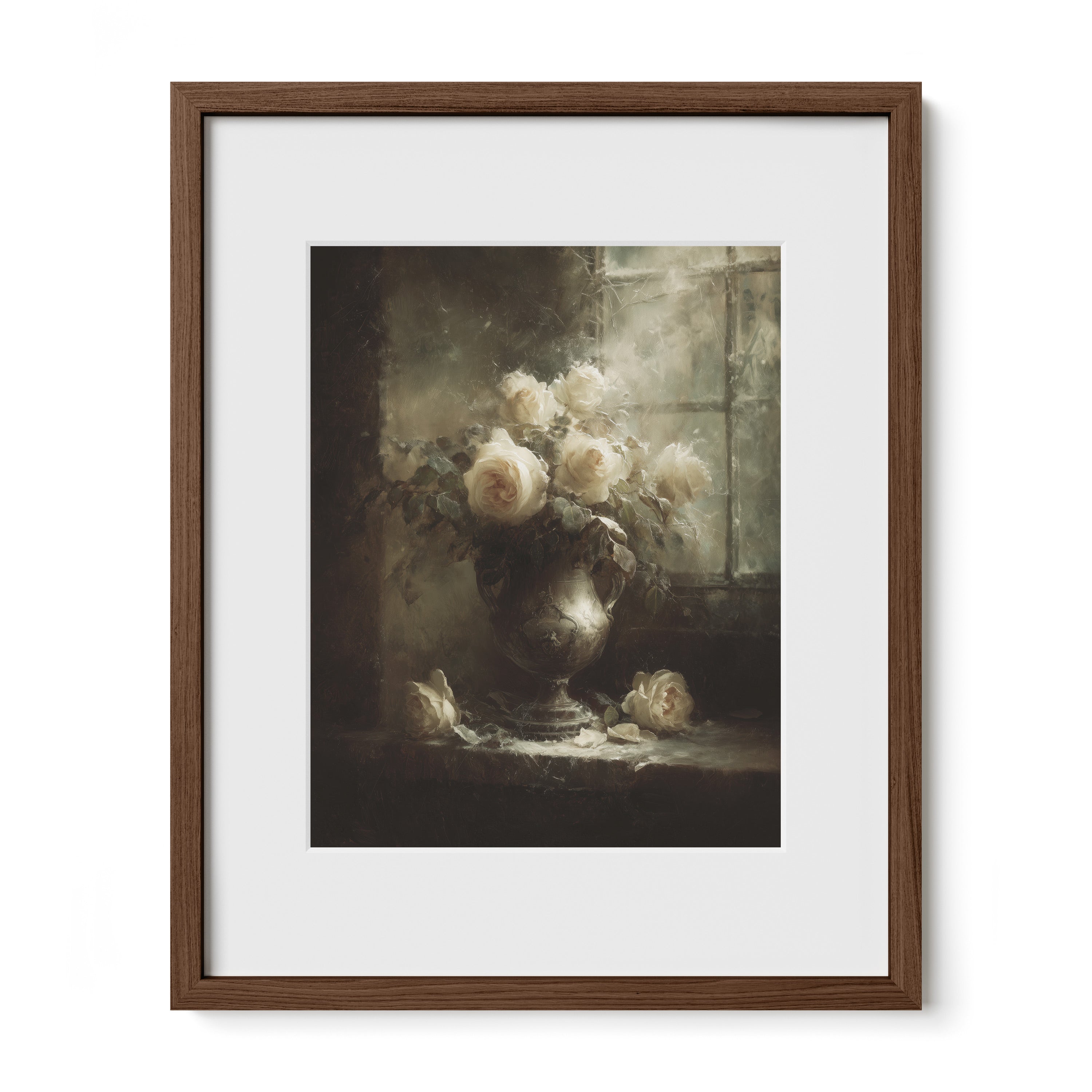 walnut framed floral rose still life wall art print with mat