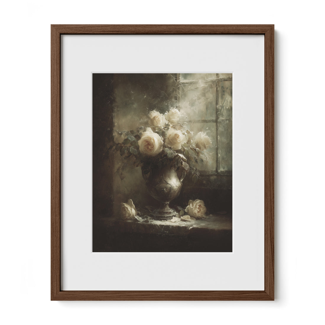 walnut framed floral rose still life wall art print with mat