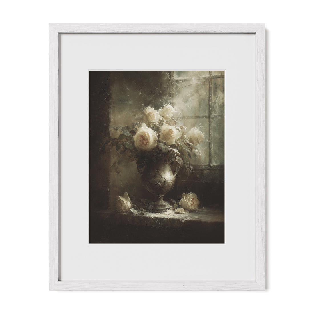 white framed botanical rose wall art print with mat