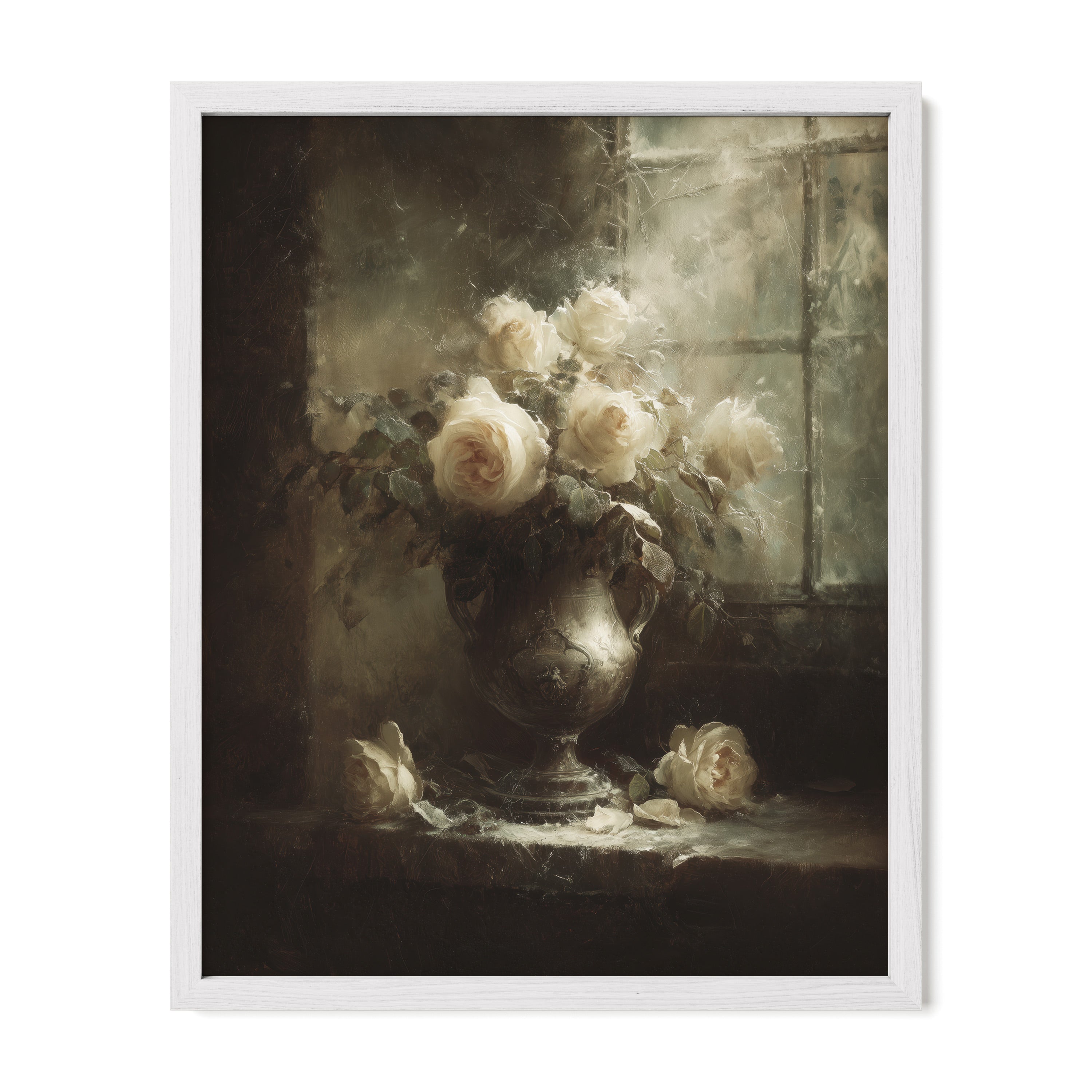 white framed romantic floral wall art print