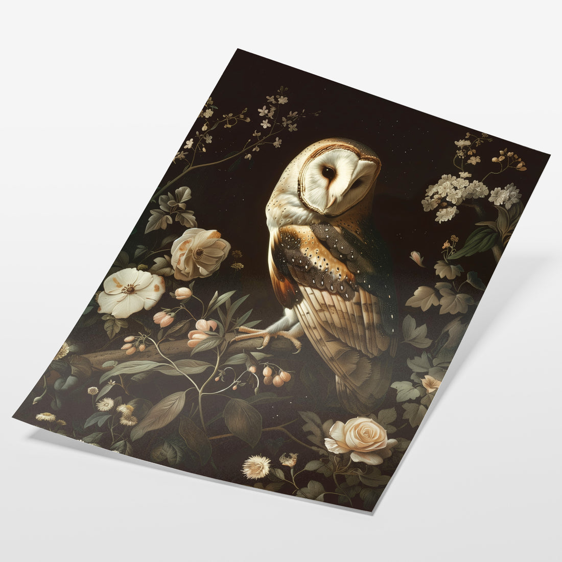 angled view of gothic owl botanical fine art print