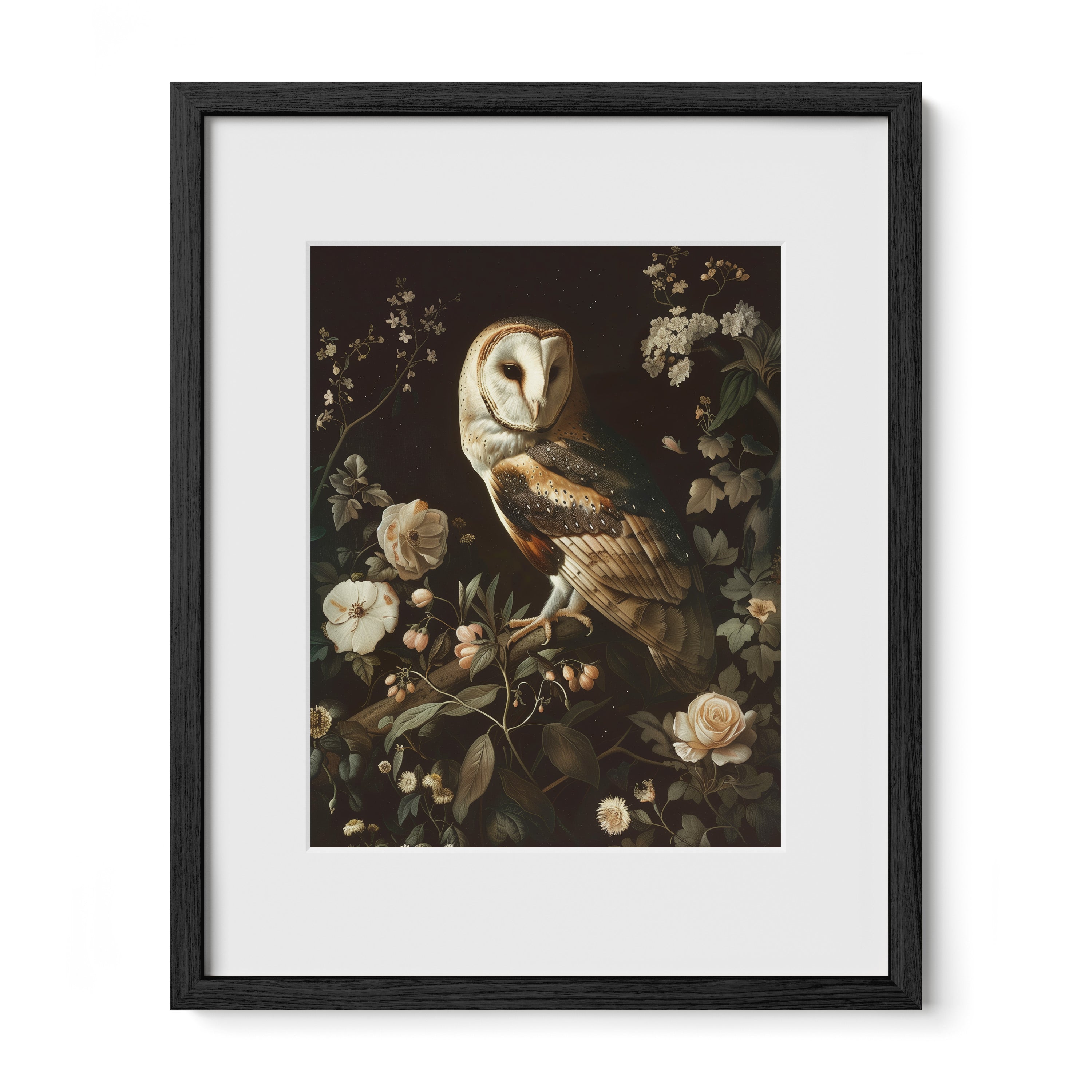 black framed owl floral wall art print with mat