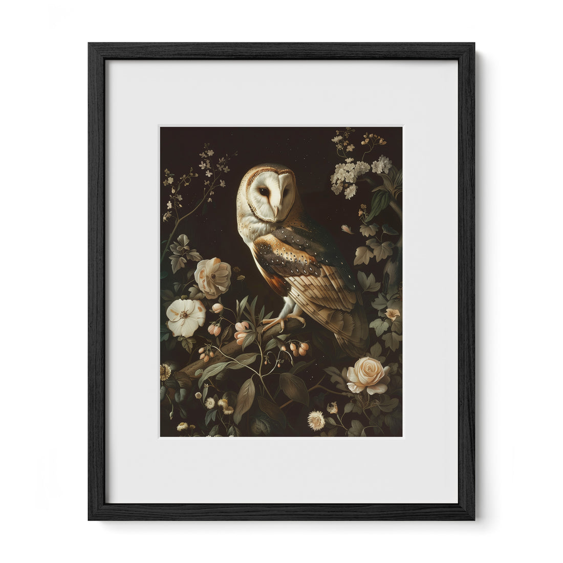 black framed owl floral wall art print with mat