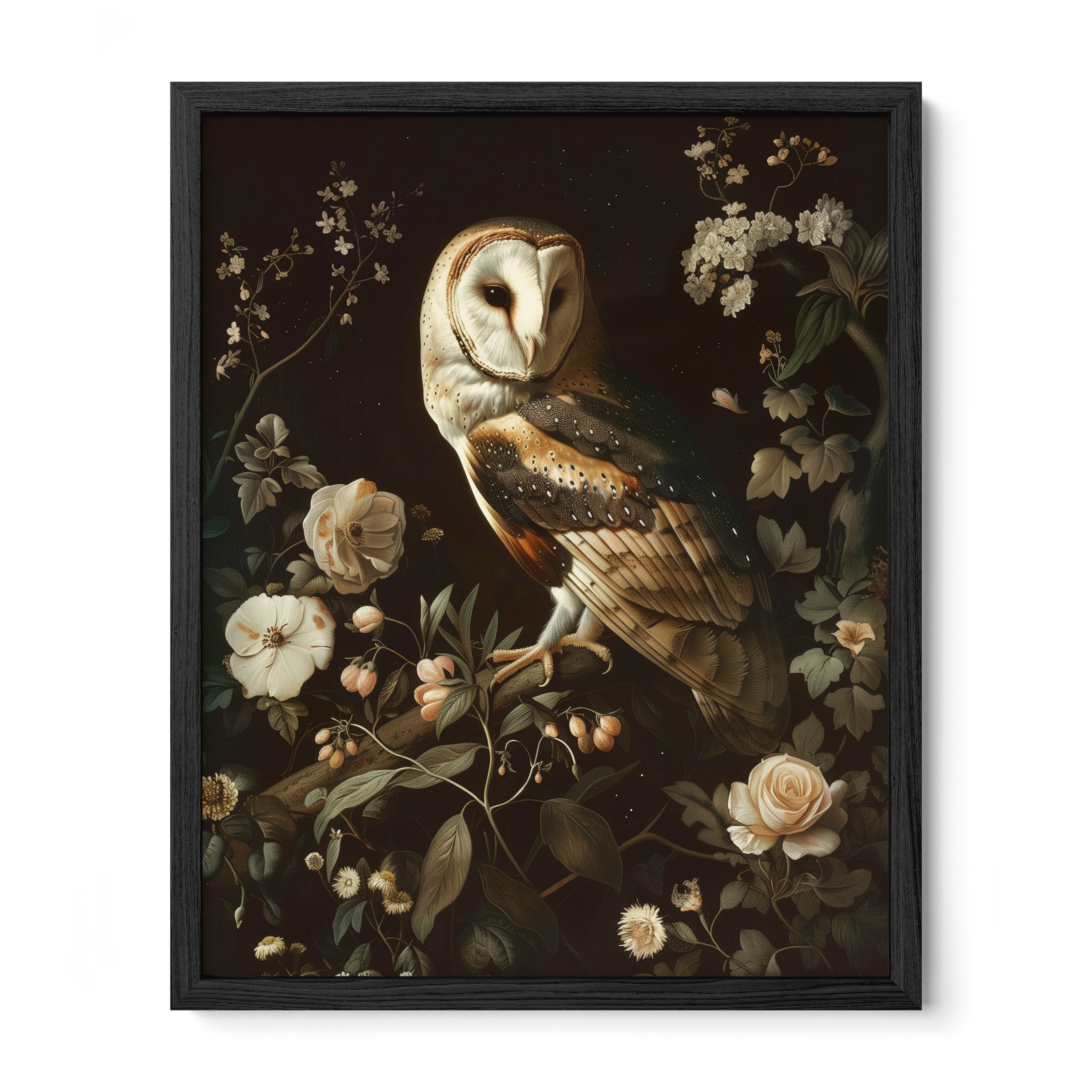 black framed gothic owl botanical wall art print