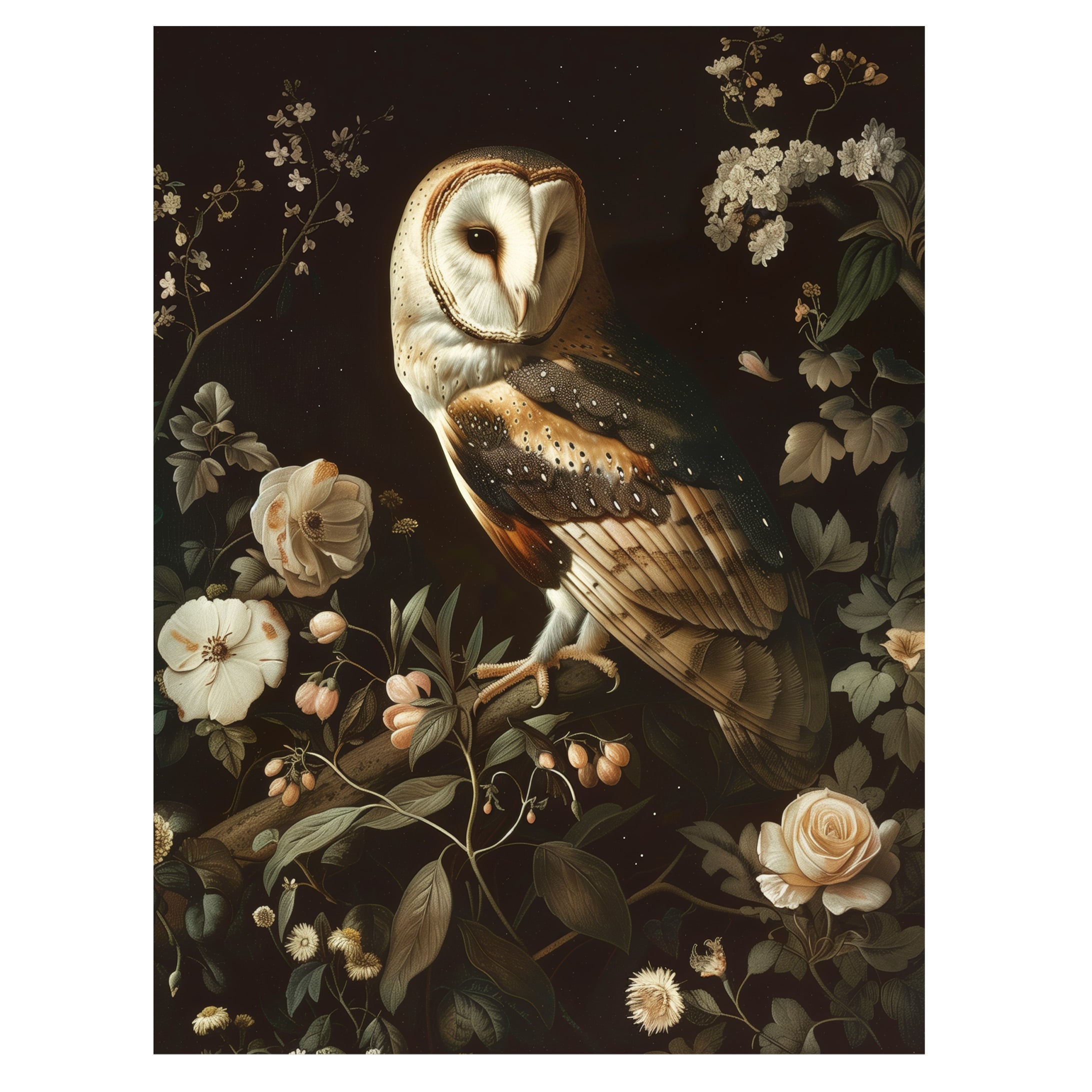 gothic owl botanical wall art print with barn owl and pale flowers