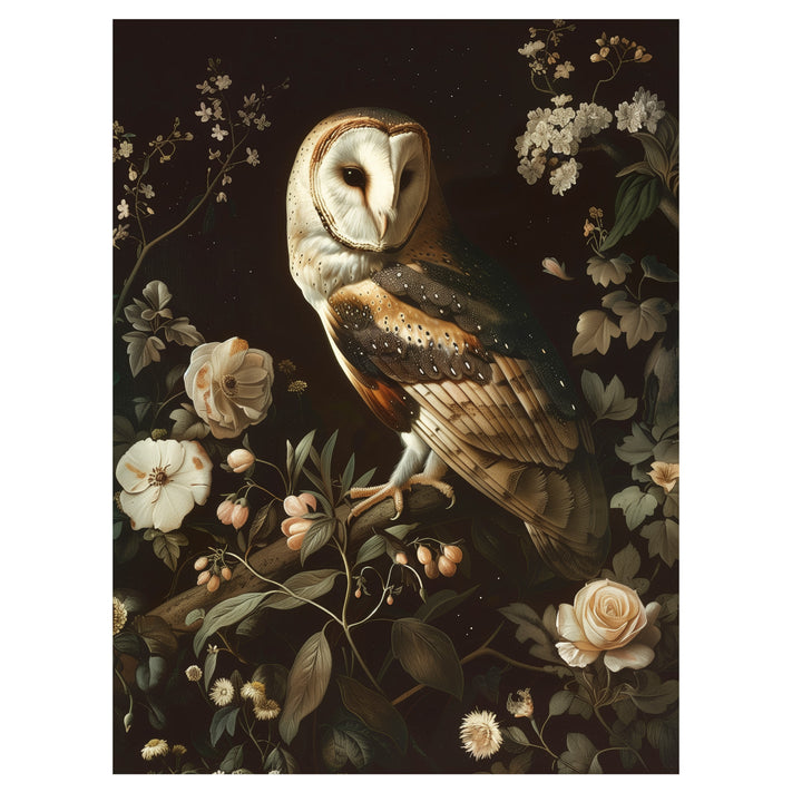 gothic owl botanical wall art print with barn owl and pale flowers
