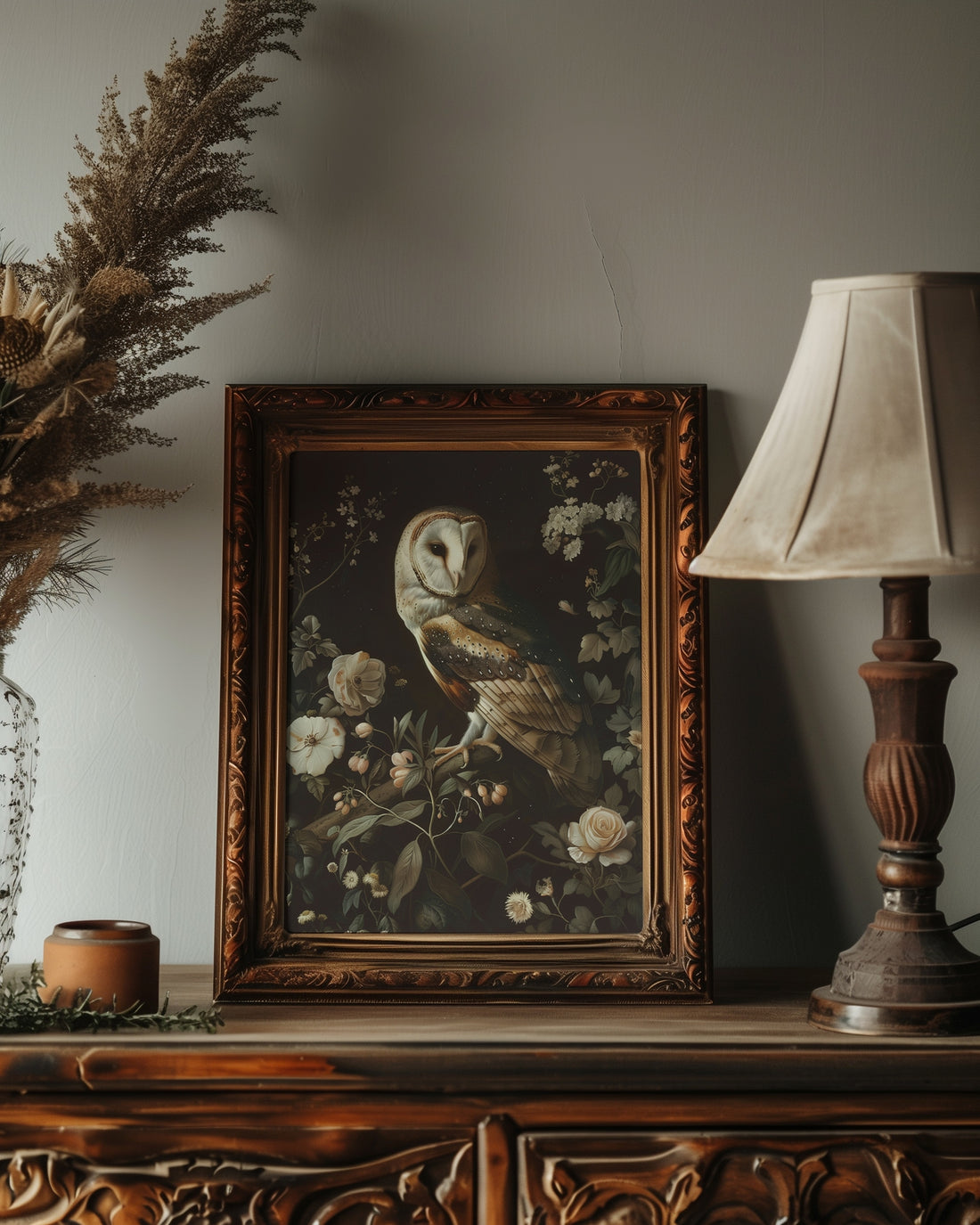 vintage framed gothic owl botanical wall art print
