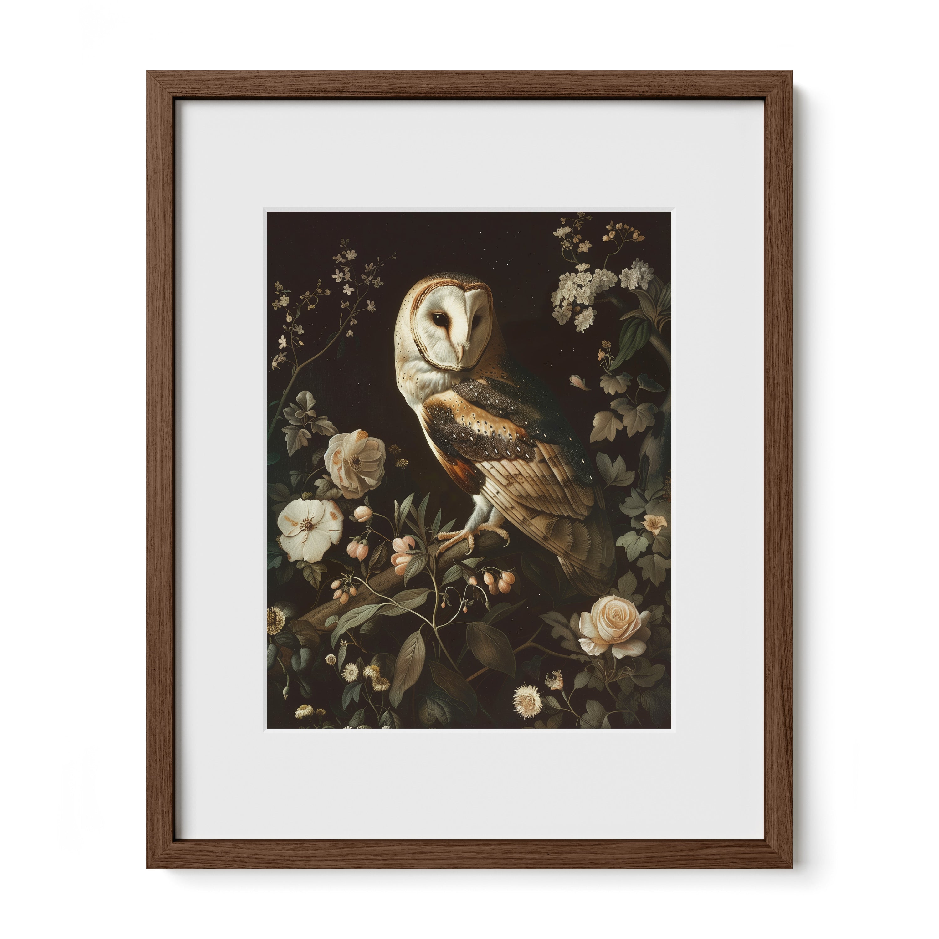 walnut framed romantic owl botanical print with mat